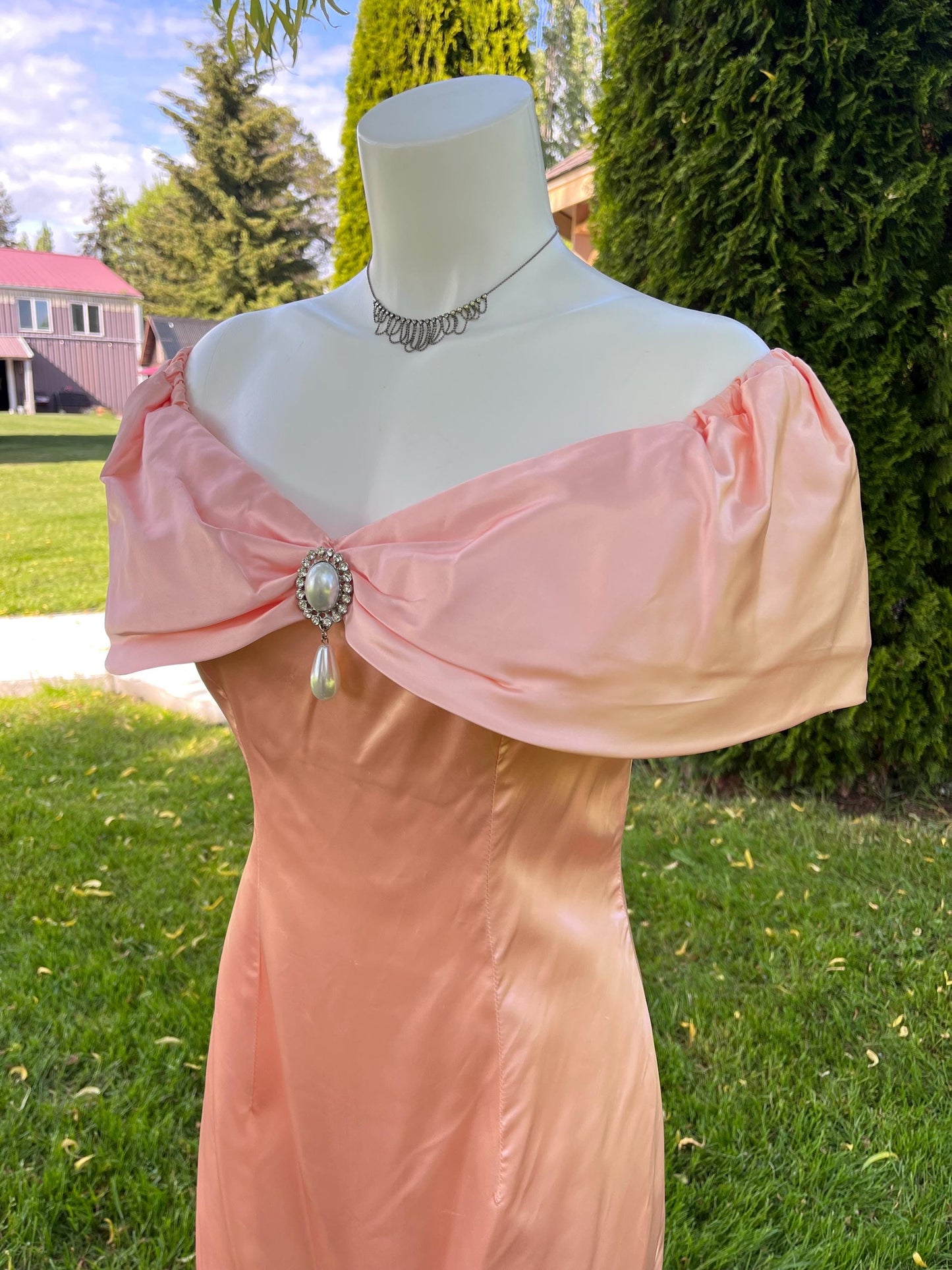 Peach Satin Off Shoulder Evening Dress with Pearl Detailing