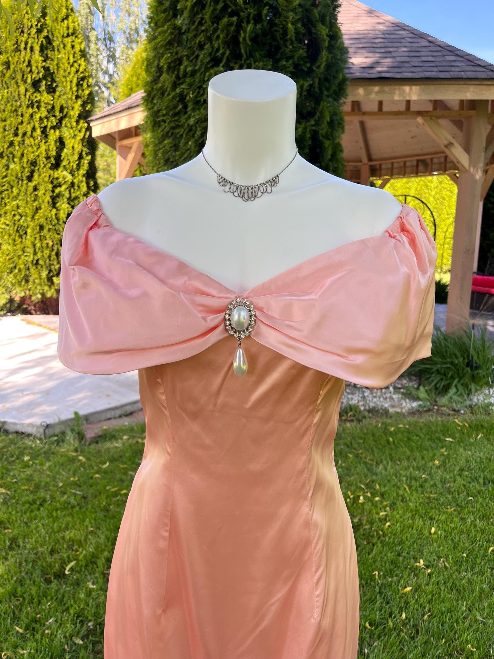 Peach Satin Off Shoulder Evening Dress with Pearl Detailing