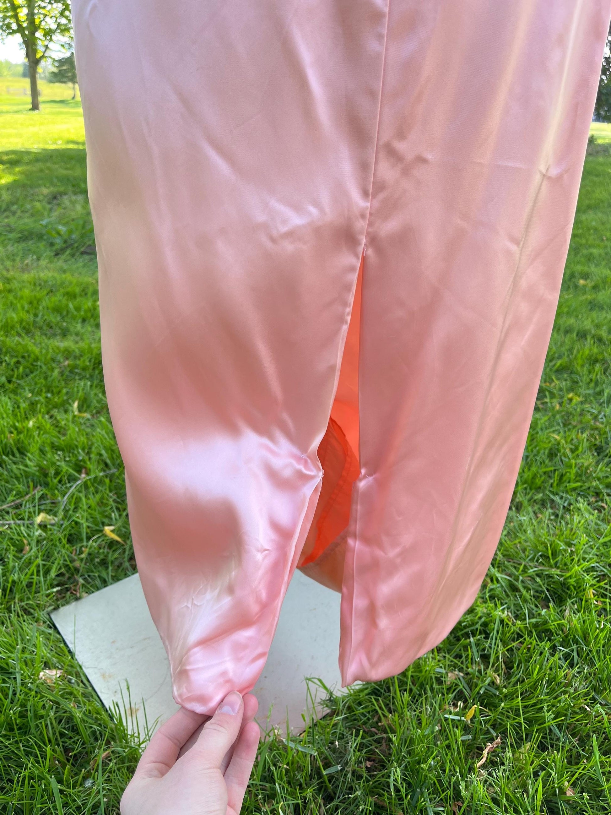 Peach Satin Off Shoulder Evening Dress with Pearl Detailing