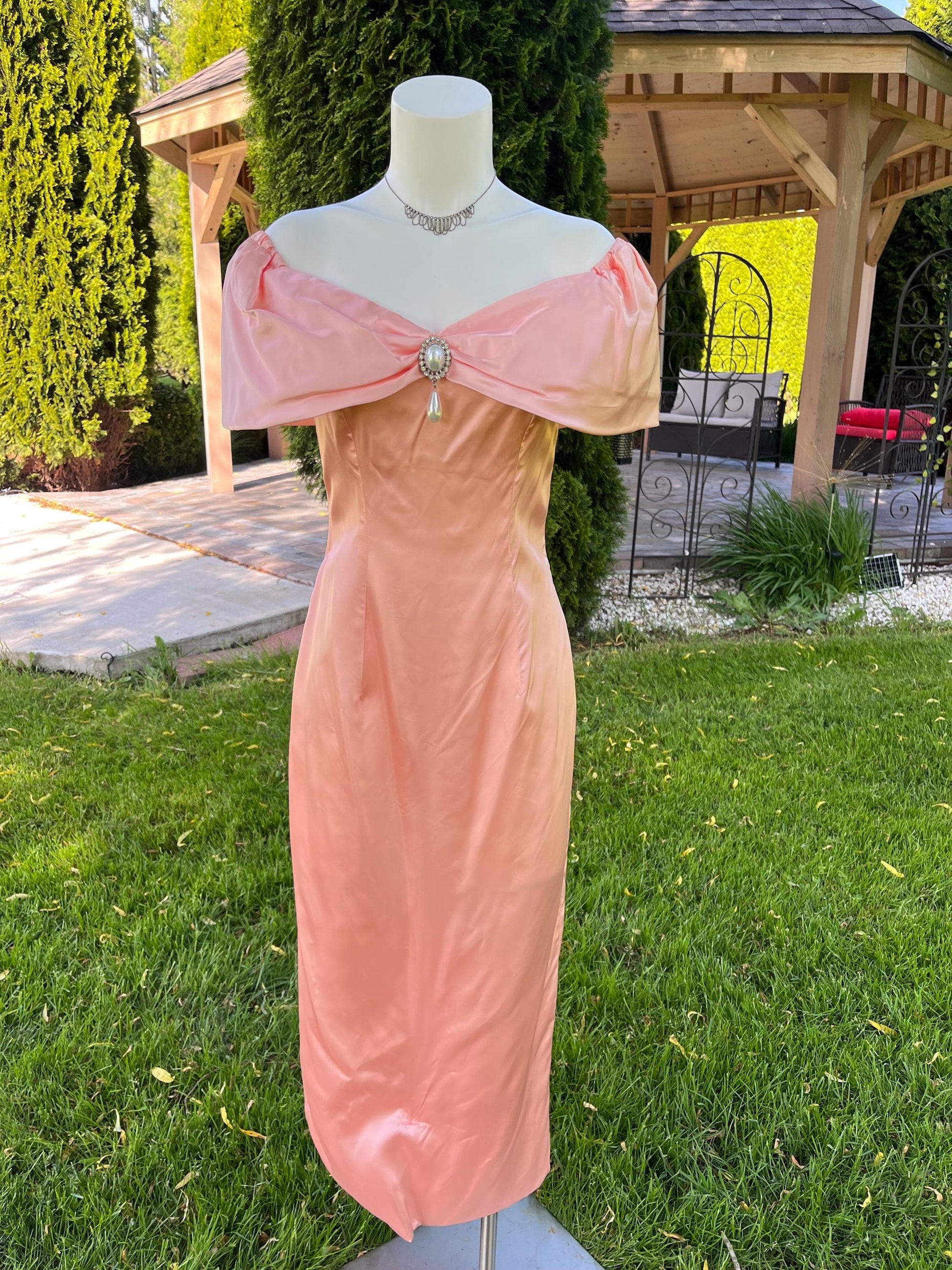 Peach Satin Off Shoulder Evening Dress with Pearl Detailing