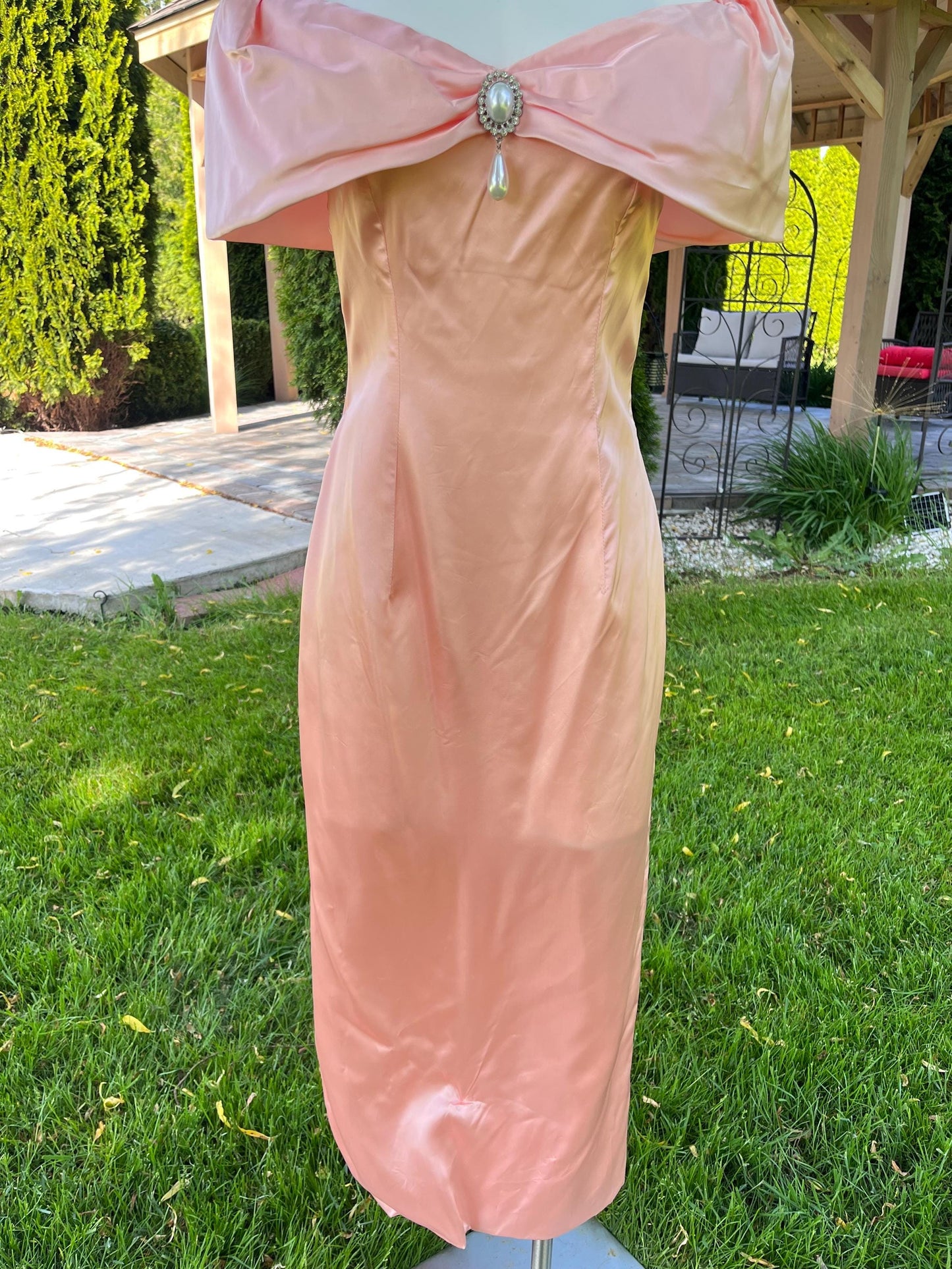 Peach Satin Off Shoulder Evening Dress with Pearl Detailing