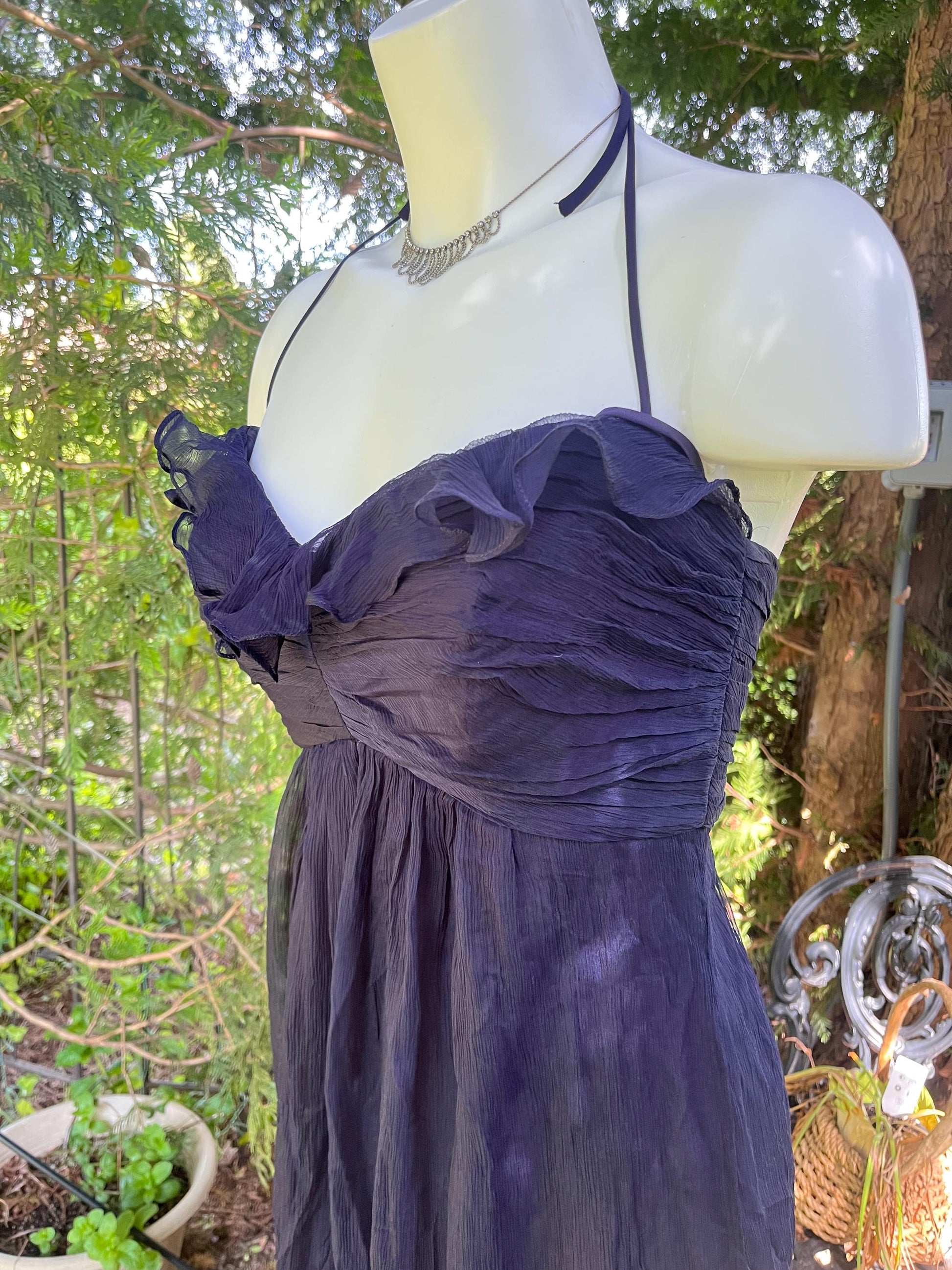 Silk Midnight Navy Ruffle Halter Dress • Sheer Layered Silk Mini Dress •