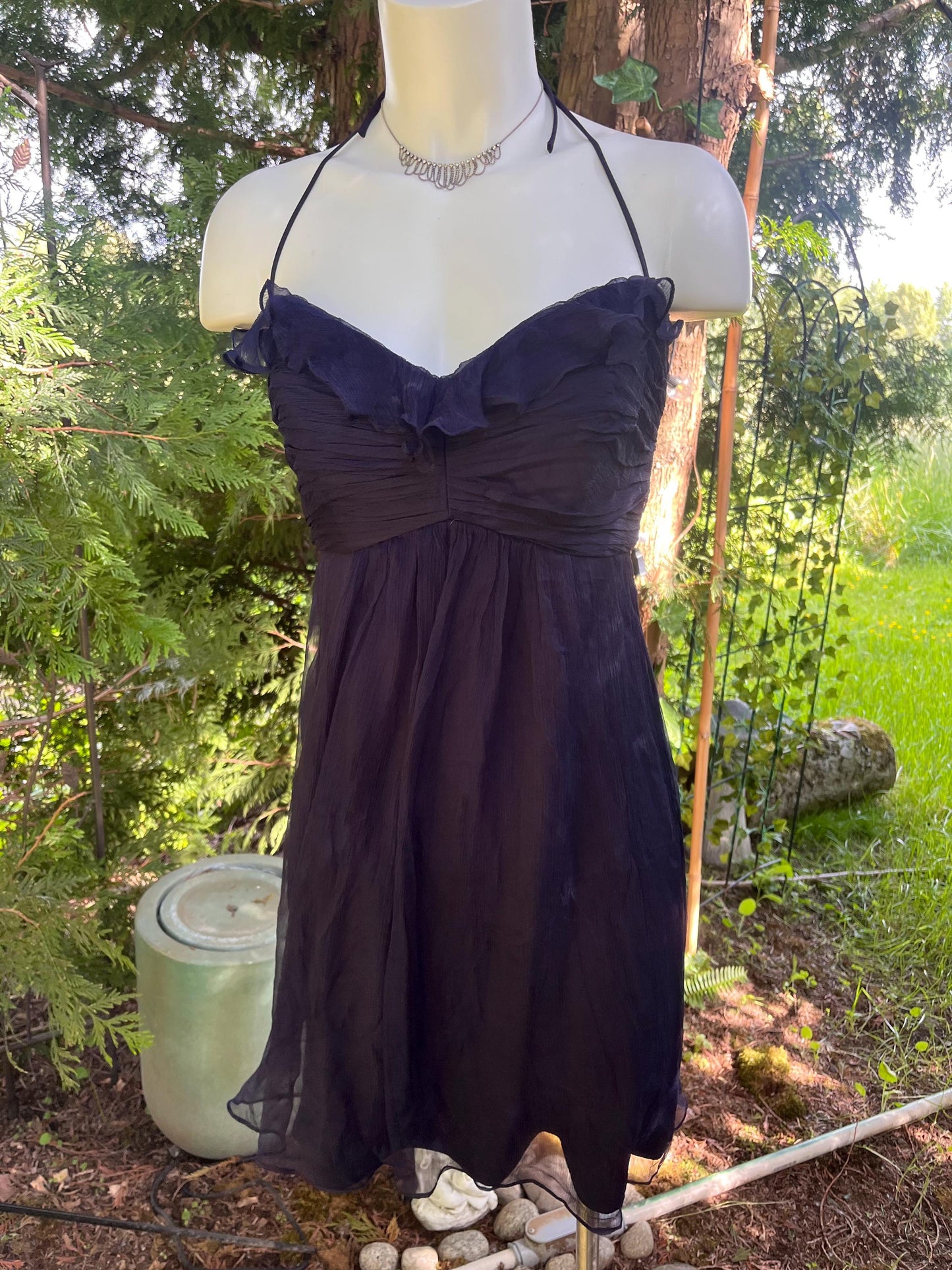 Silk Midnight Navy Ruffle Halter Dress • Sheer Layered Silk Mini Dress •