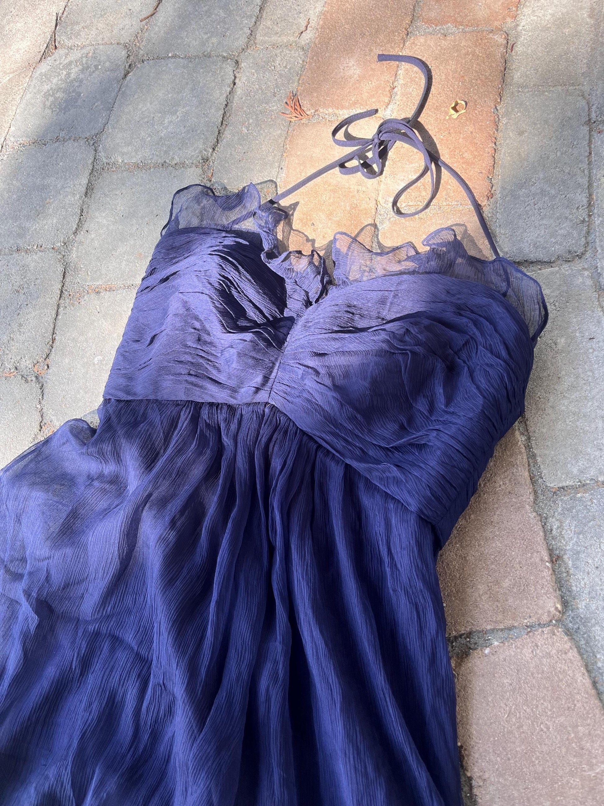 Silk Midnight Navy Ruffle Halter Dress • Sheer Layered Silk Mini Dress •