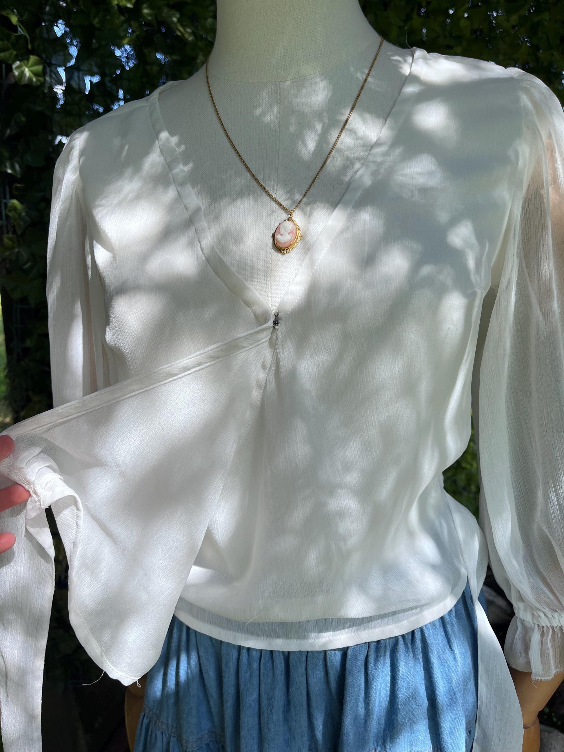 Sheer Ivory Wrap Blouse • Romantic Puff Sleeve Tie Top