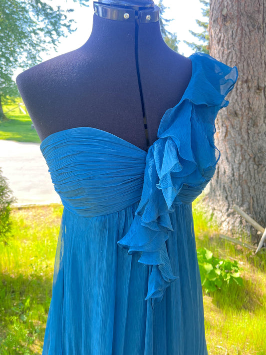Mermaid Deep Blue Silk Maxi Dress, One-Shoulder Strap