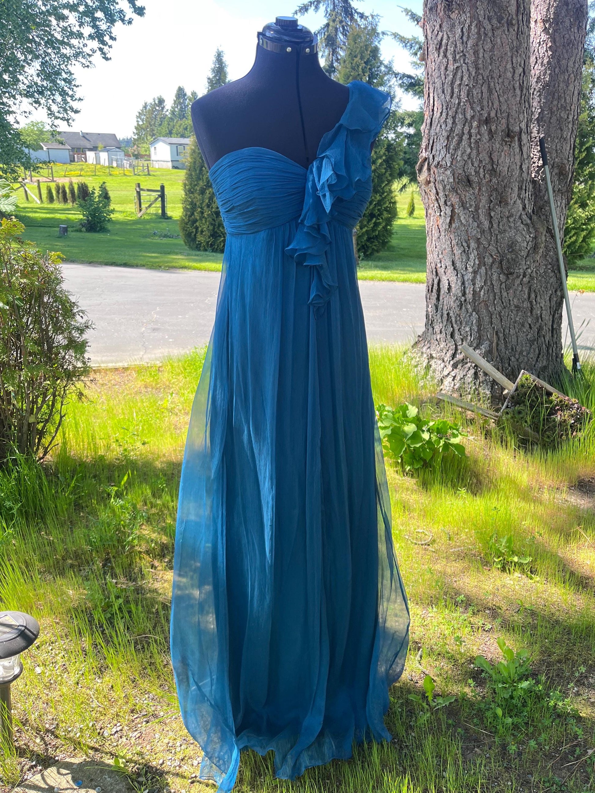 Mermaid Deep Blue Silk Maxi Dress, One-Shoulder Strap