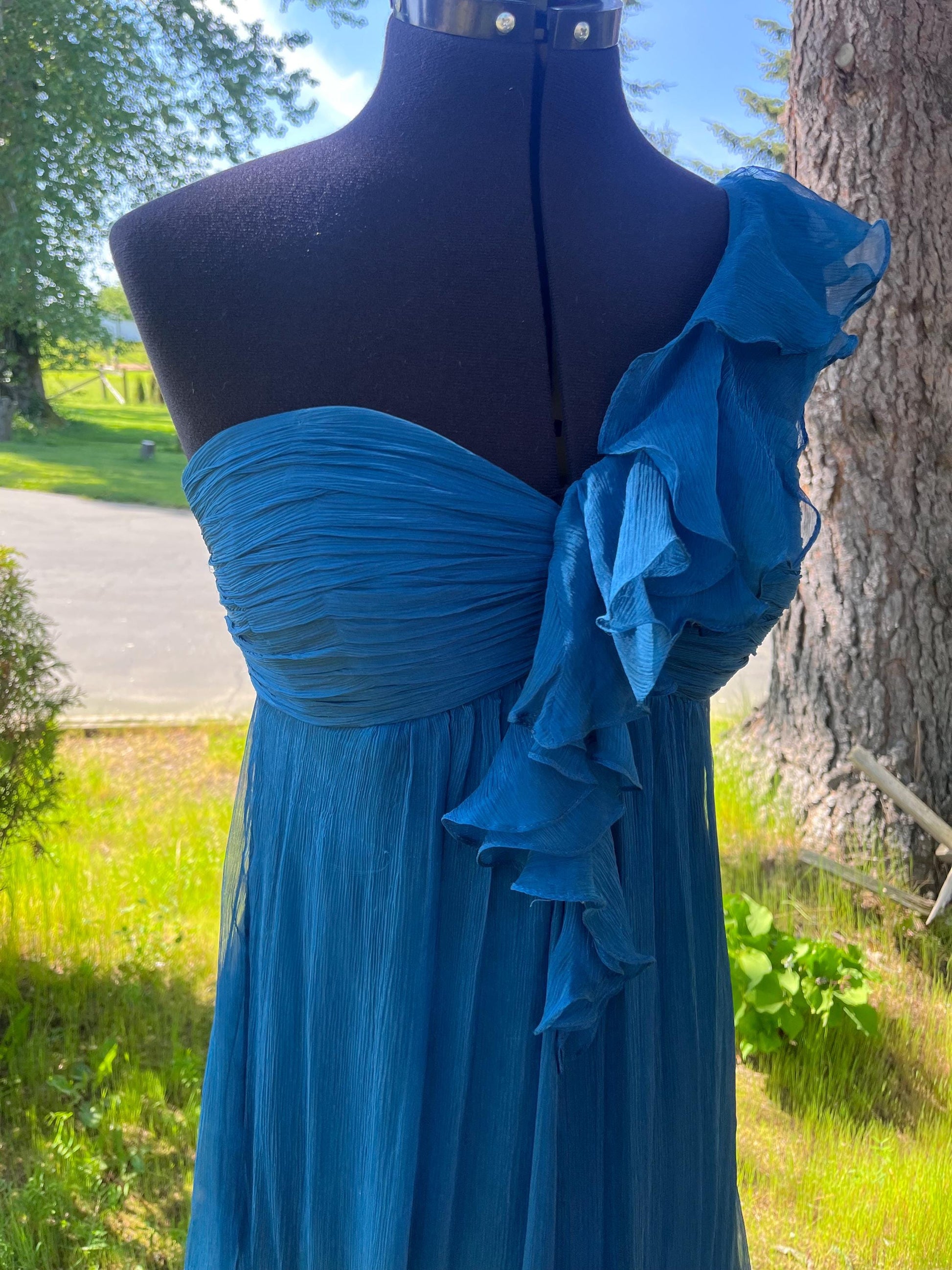 Mermaid Deep Blue Silk Maxi Dress, One-Shoulder Strap