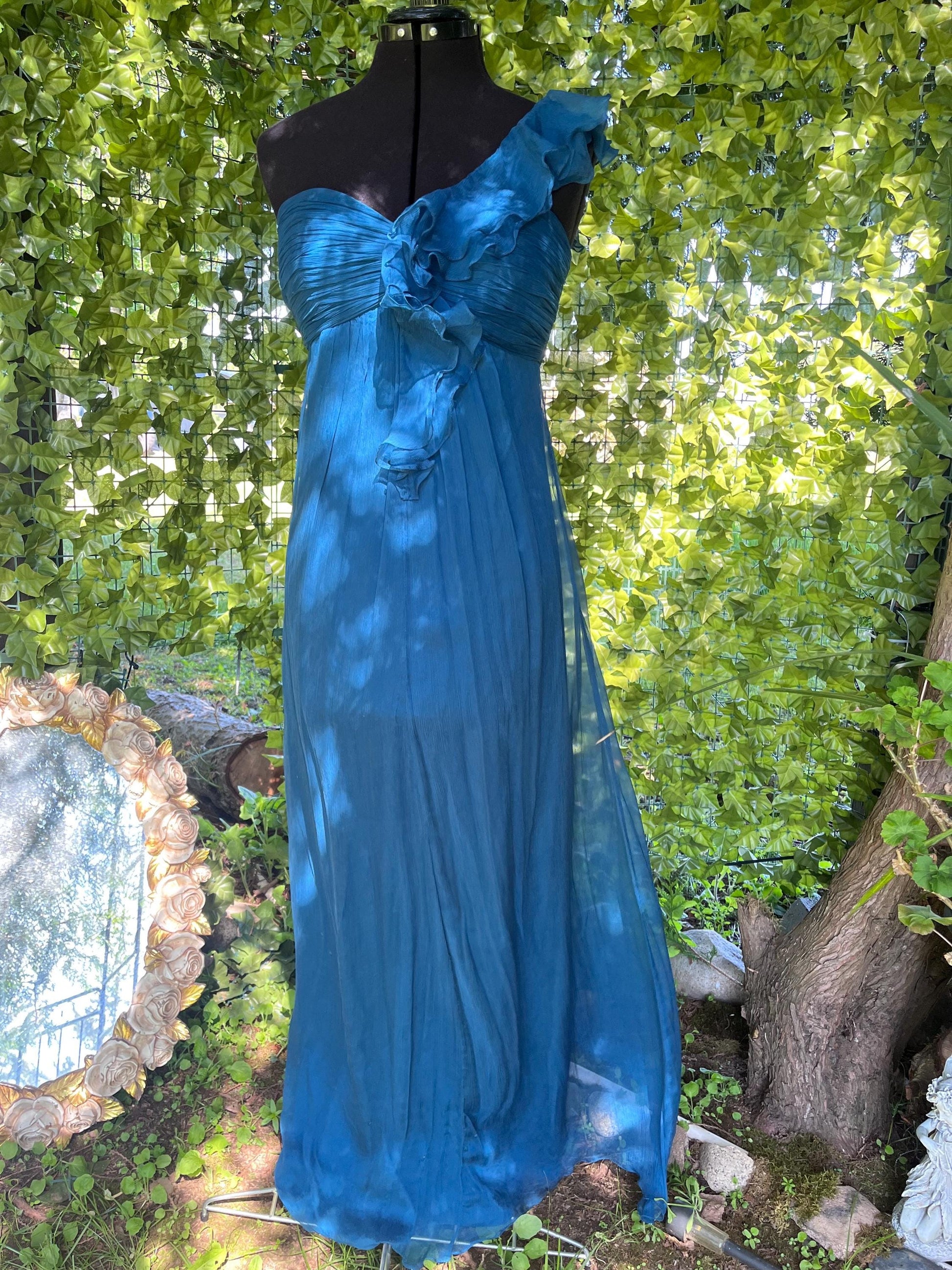 Mermaid Deep Blue Silk Maxi Dress, One-Shoulder Strap