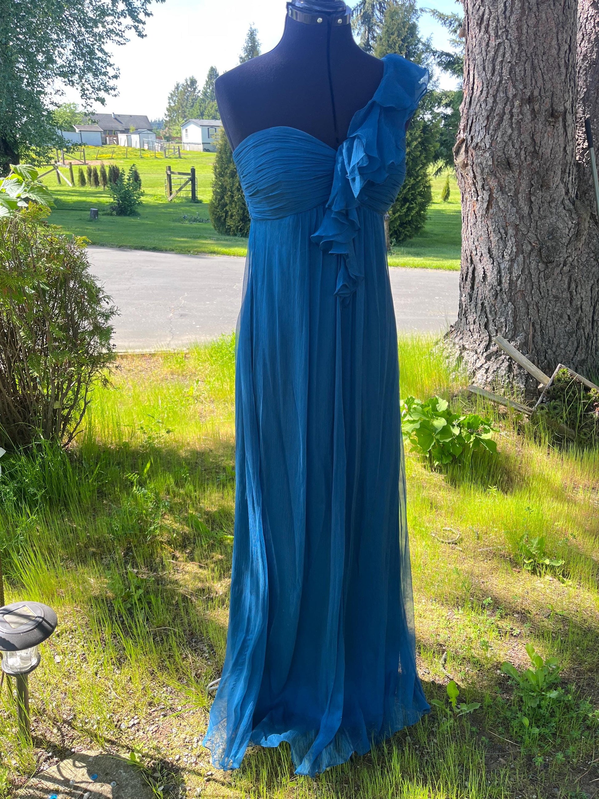 Mermaid Deep Blue Silk Maxi Dress, One-Shoulder Strap