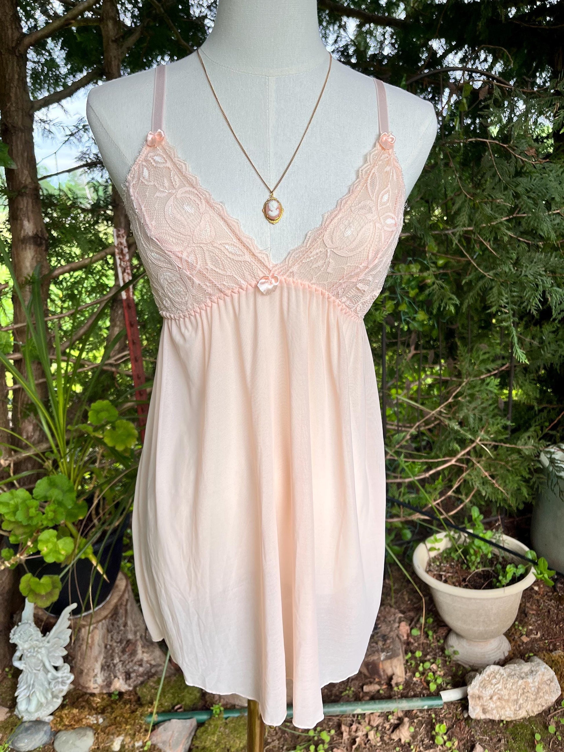 Vintage Blush Pink Lace Babydoll Nightgown by Jac Mori