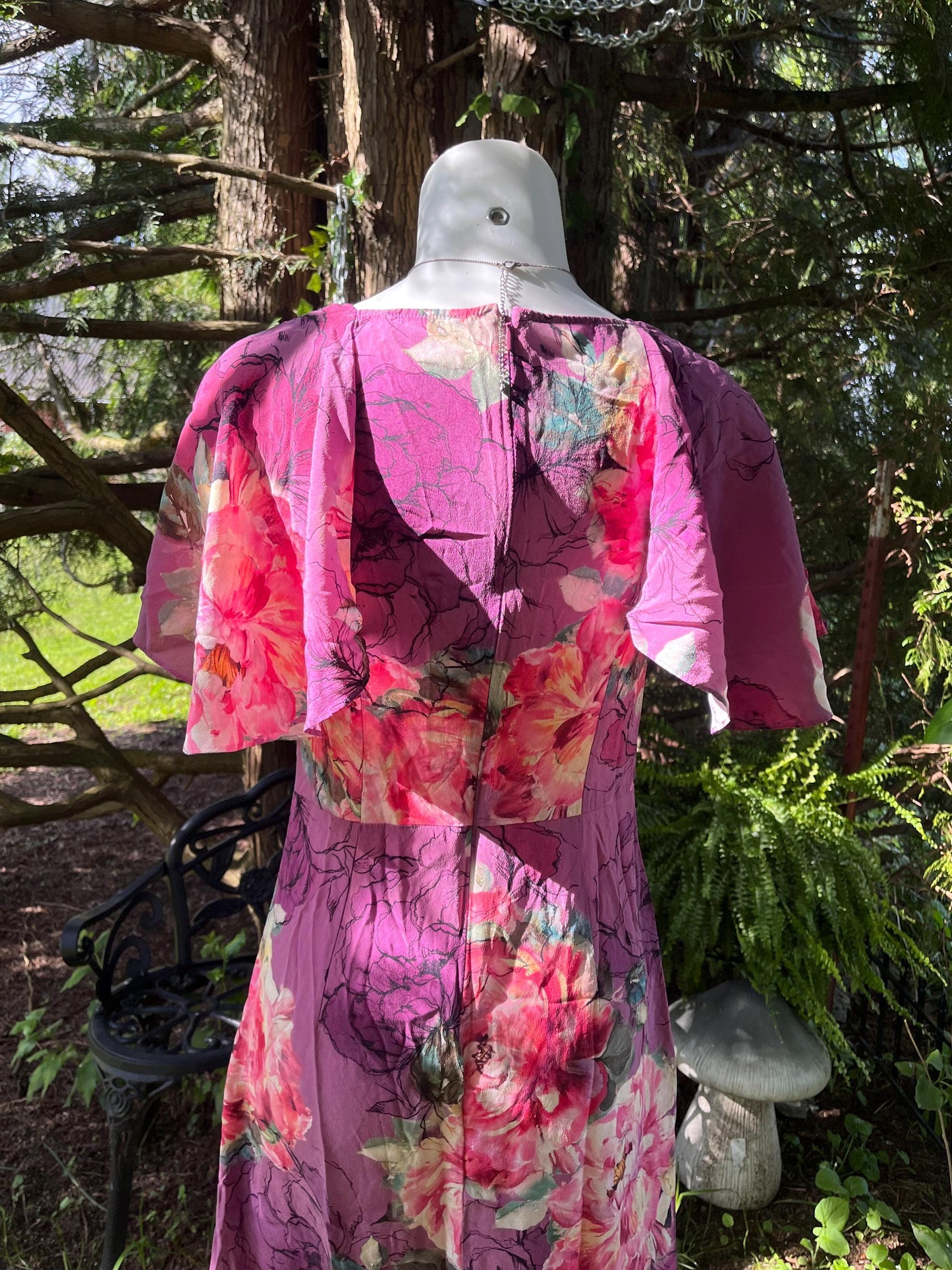 Pink Flower Garden in Silk, Midi Dress.