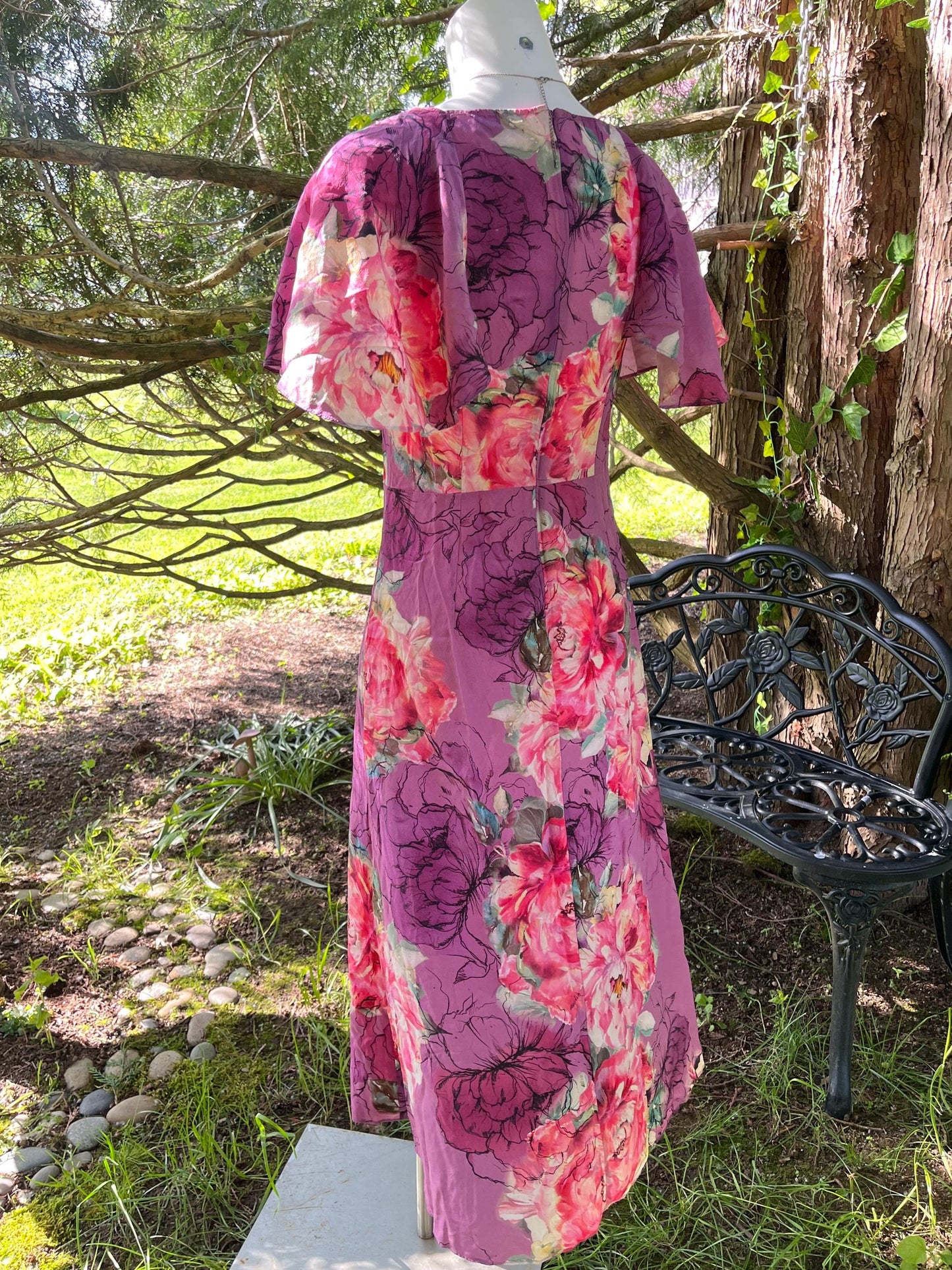 Pink Flower Garden in Silk, Midi Dress.