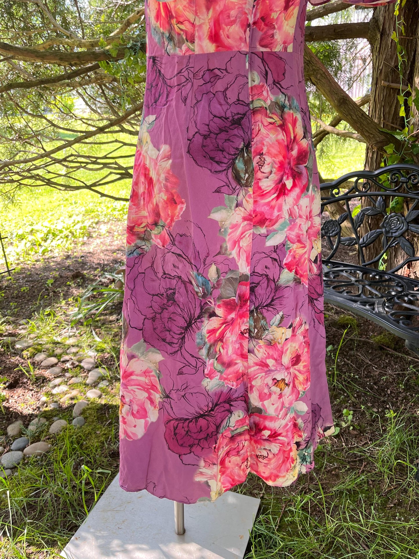 Pink Flower Garden in Silk, Midi Dress.