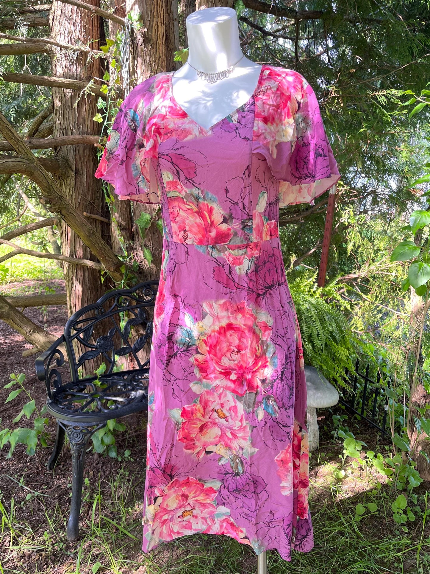 Pink Flower Garden in Silk, Midi Dress.