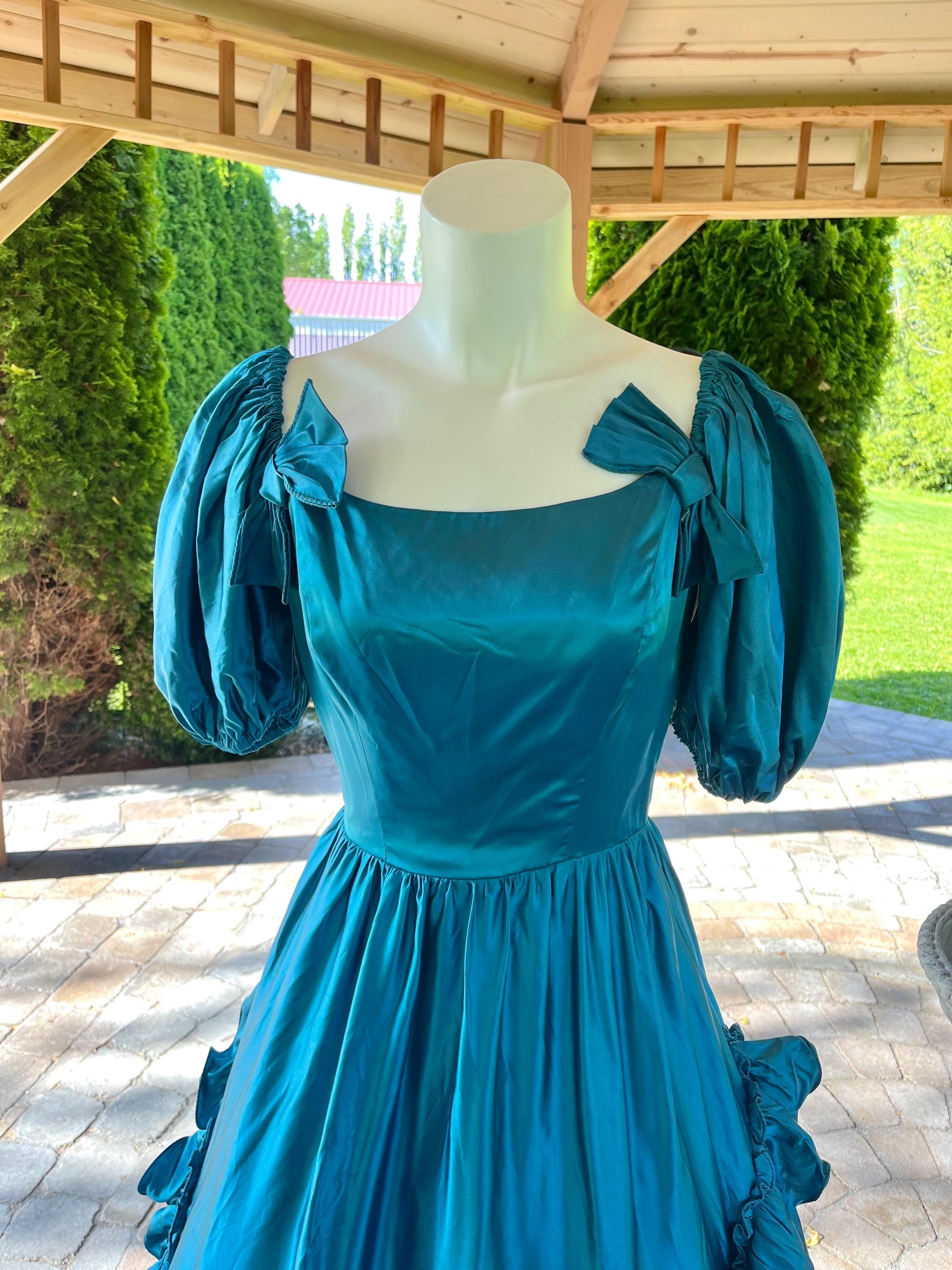Vintage Peacock Blue Satin Ball Gown With Puff Sleeves