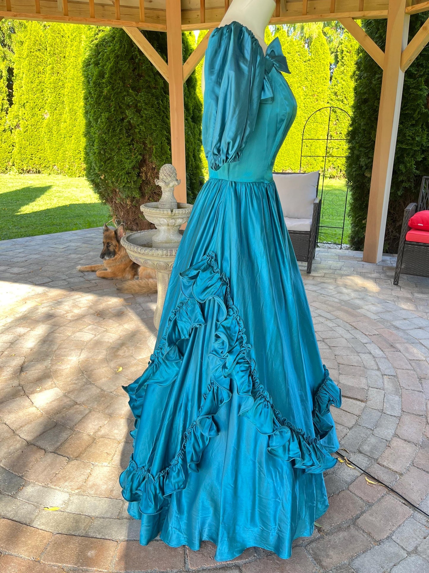 Vintage Peacock Blue Satin Ball Gown With Puff Sleeves