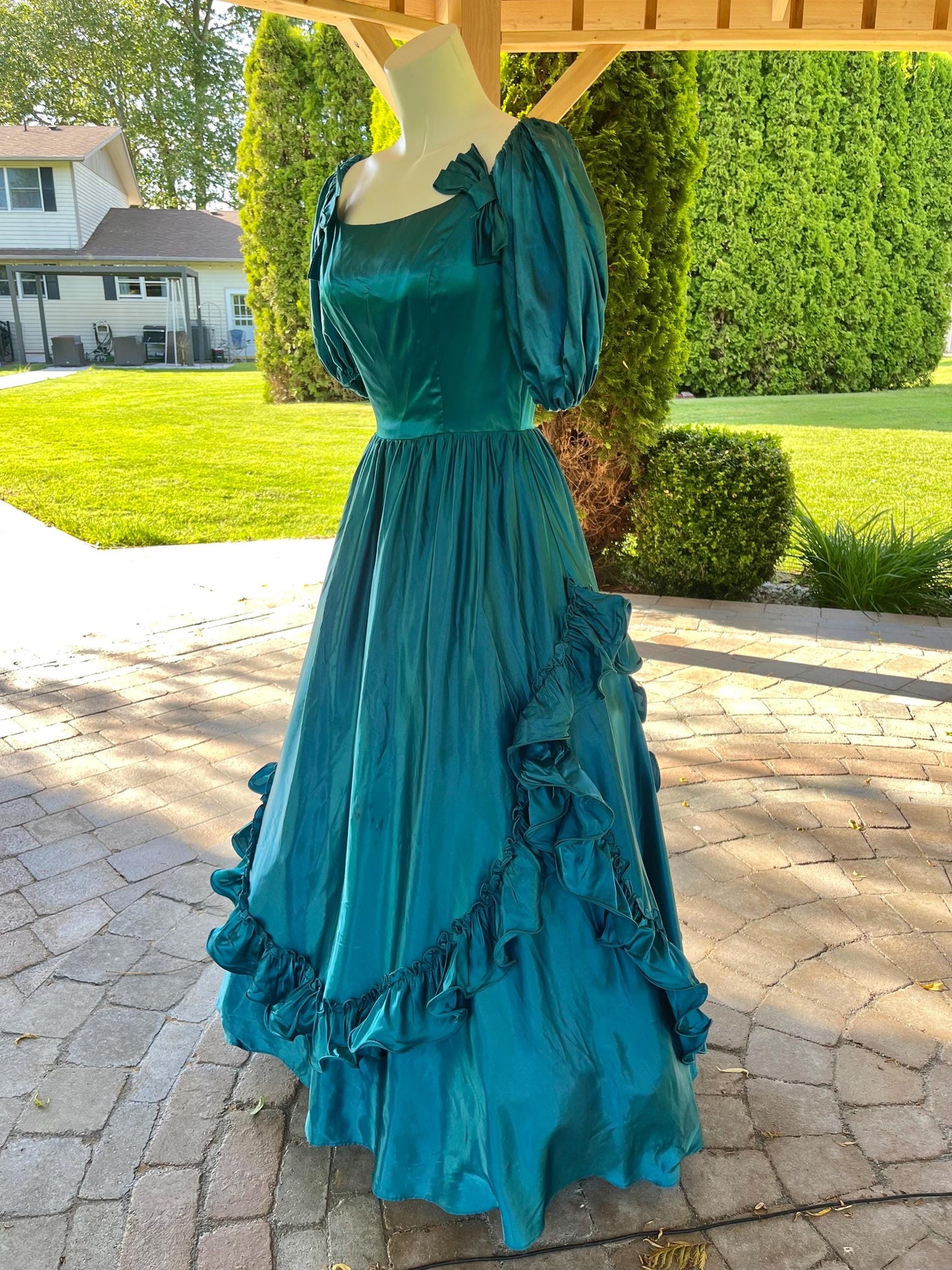 Vintage Peacock Blue Satin Ball Gown With Puff Sleeves