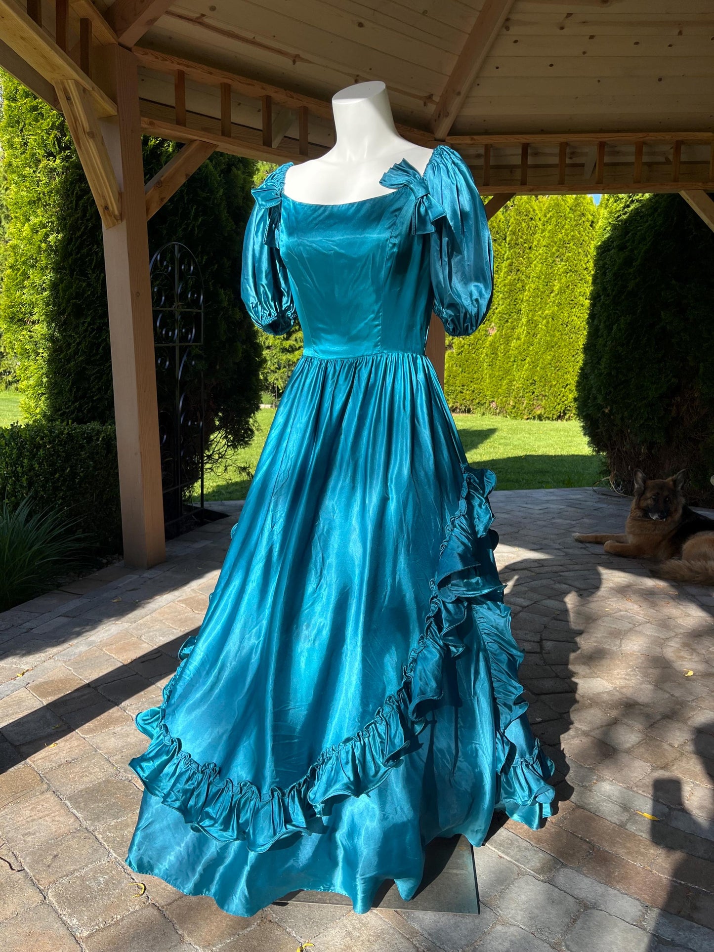 Vintage Peacock Blue Satin Ball Gown With Puff Sleeves