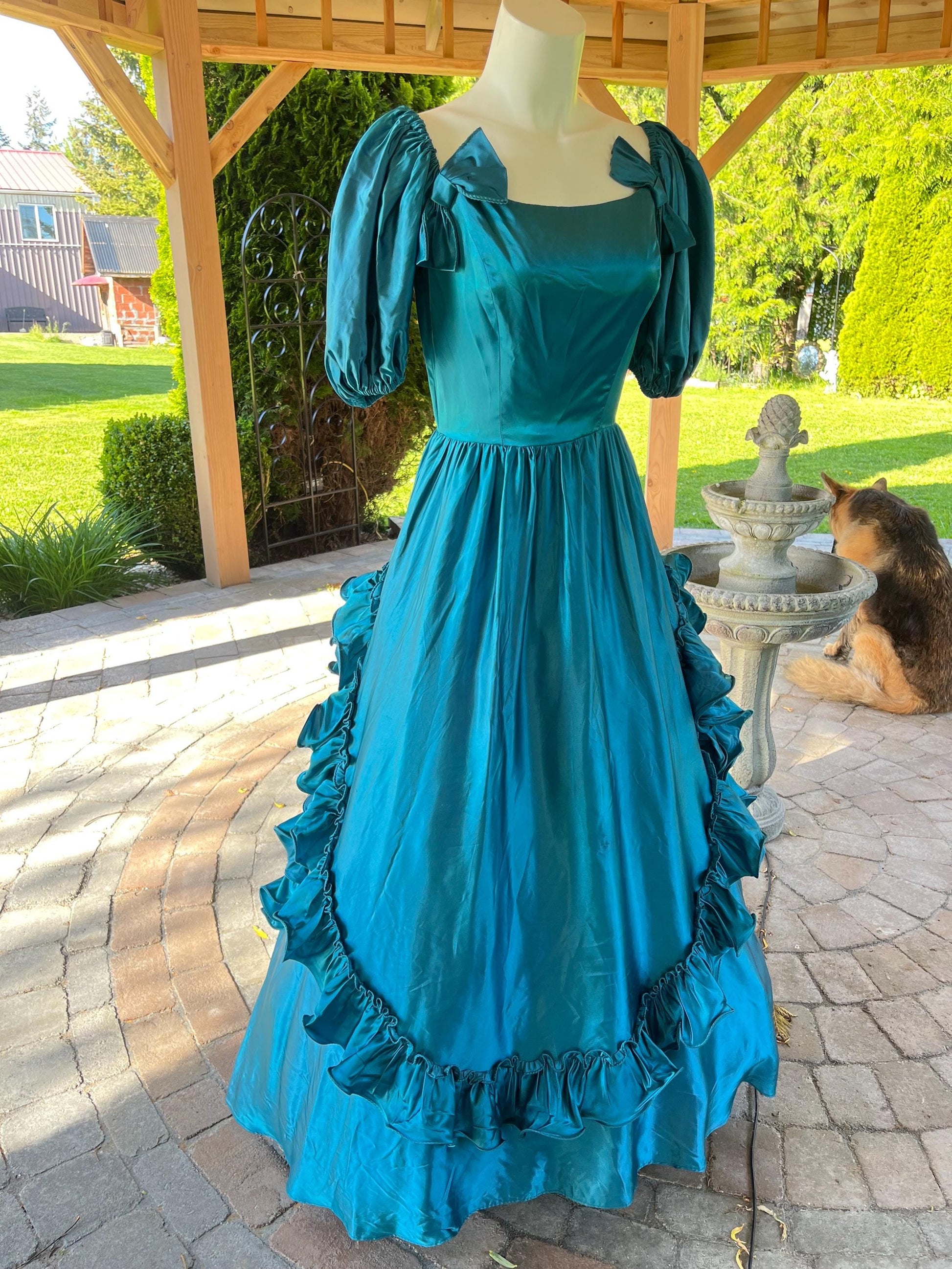 Vintage Peacock Blue Satin Ball Gown With Puff Sleeves