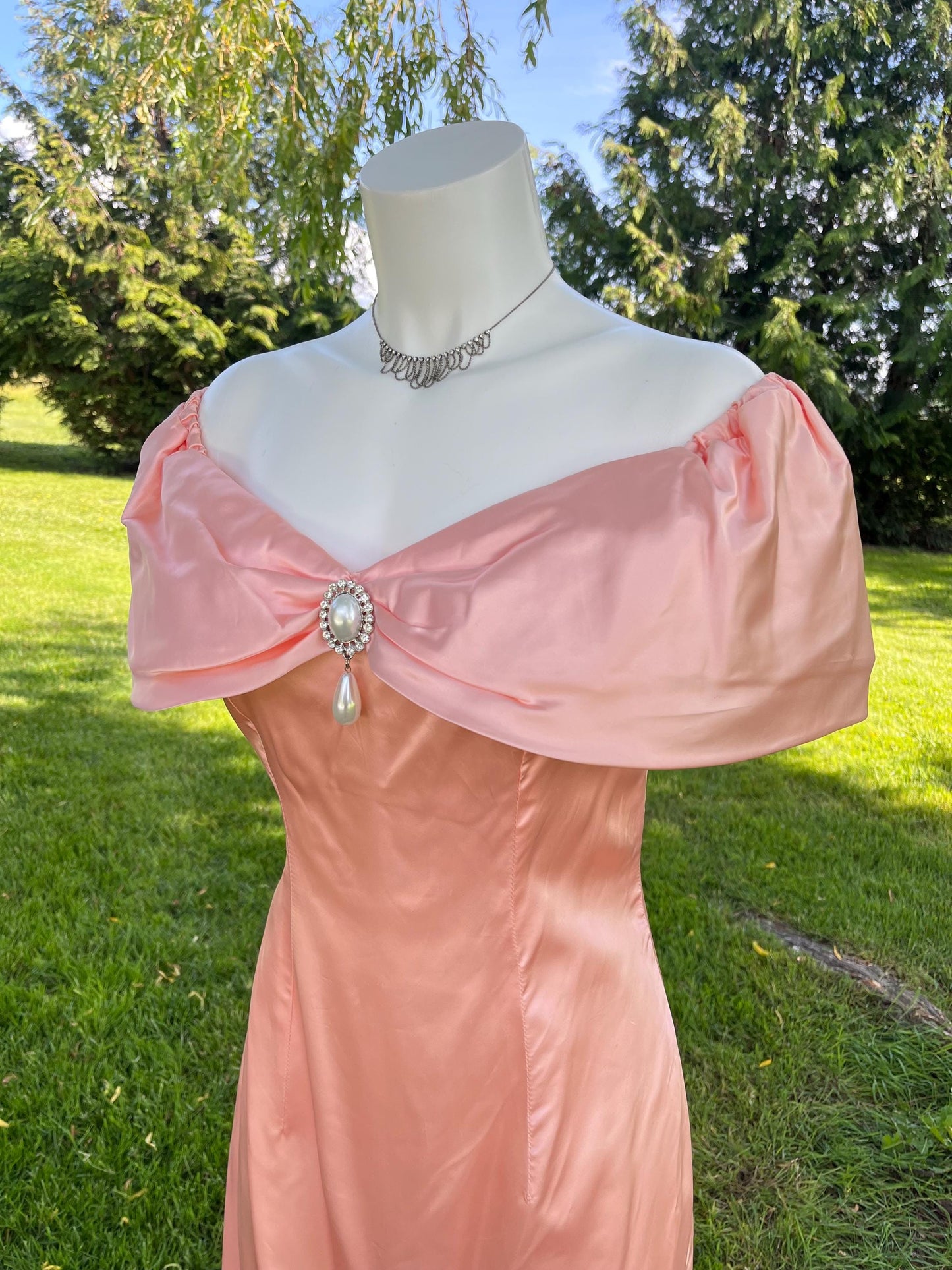 Peach Satin Off Shoulder Evening Dress with Pearl Detailing