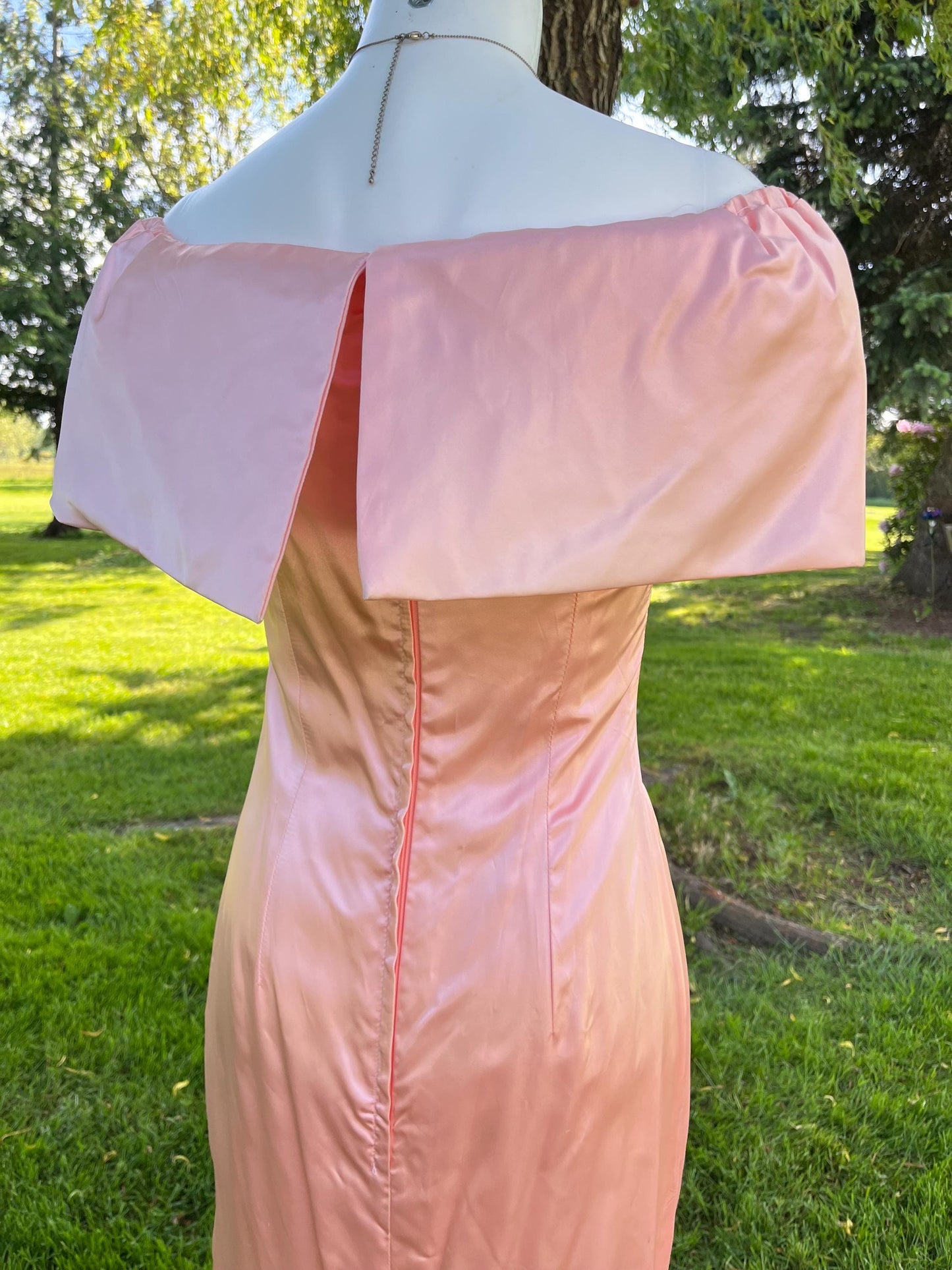 Peach Satin Off Shoulder Evening Dress with Pearl Detailing