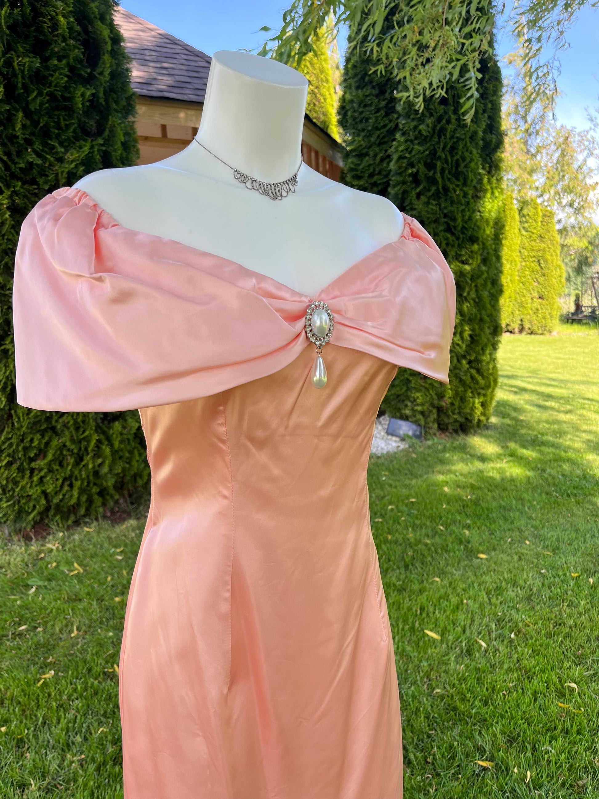 Peach Satin Off Shoulder Evening Dress with Pearl Detailing
