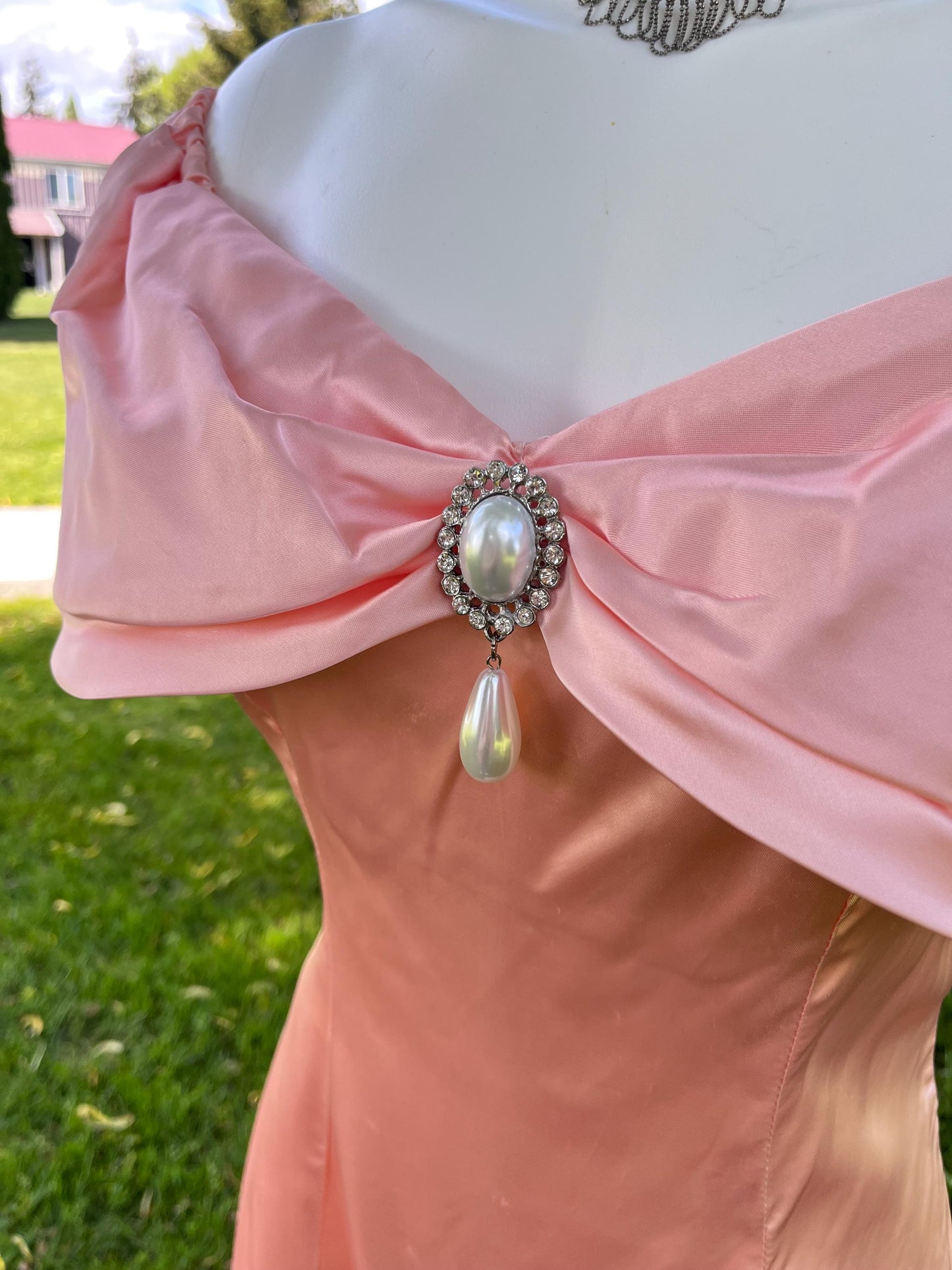 Peach Satin Off Shoulder Evening Dress with Pearl Detailing