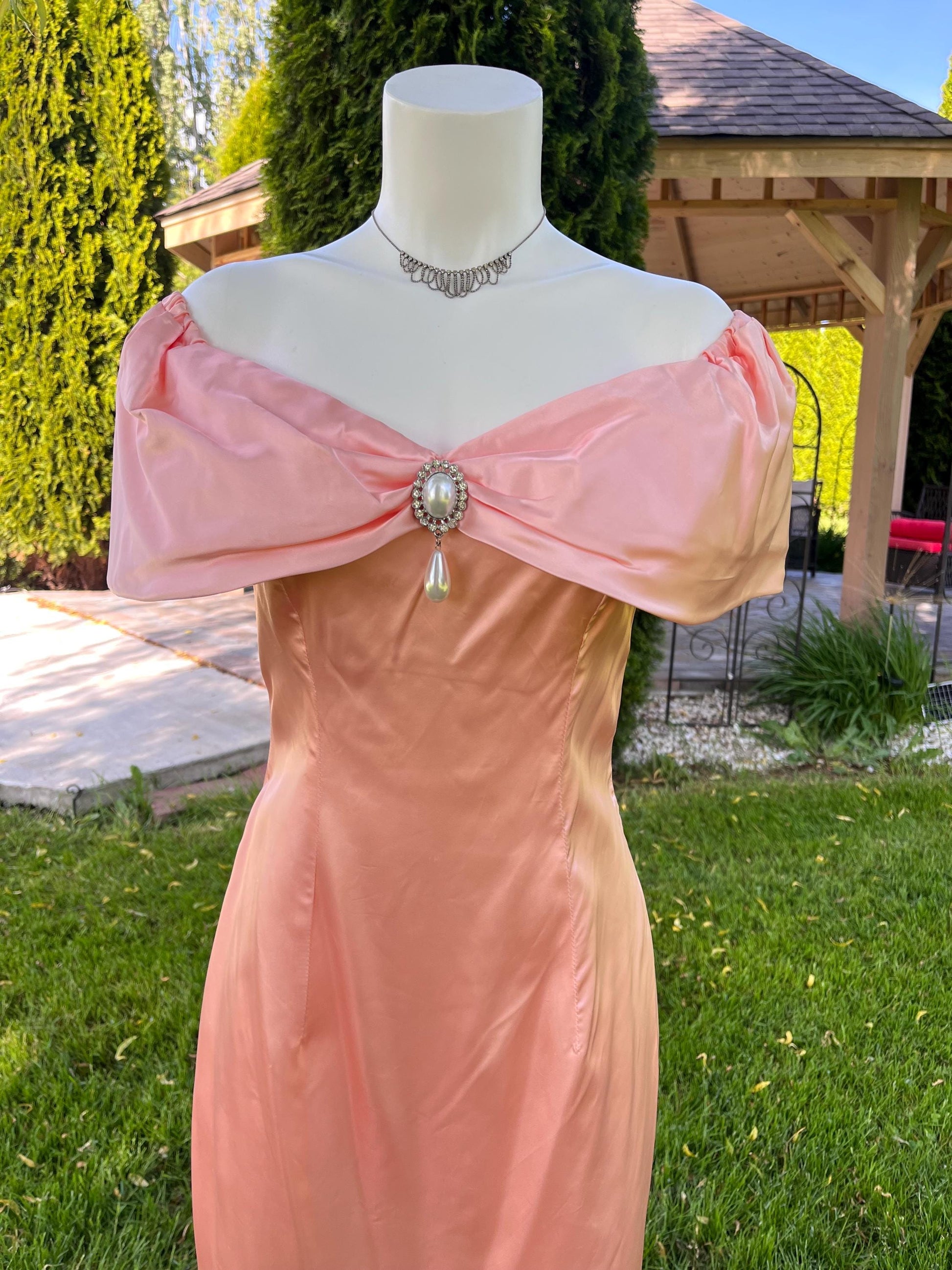 Peach Satin Off Shoulder Evening Dress with Pearl Detailing
