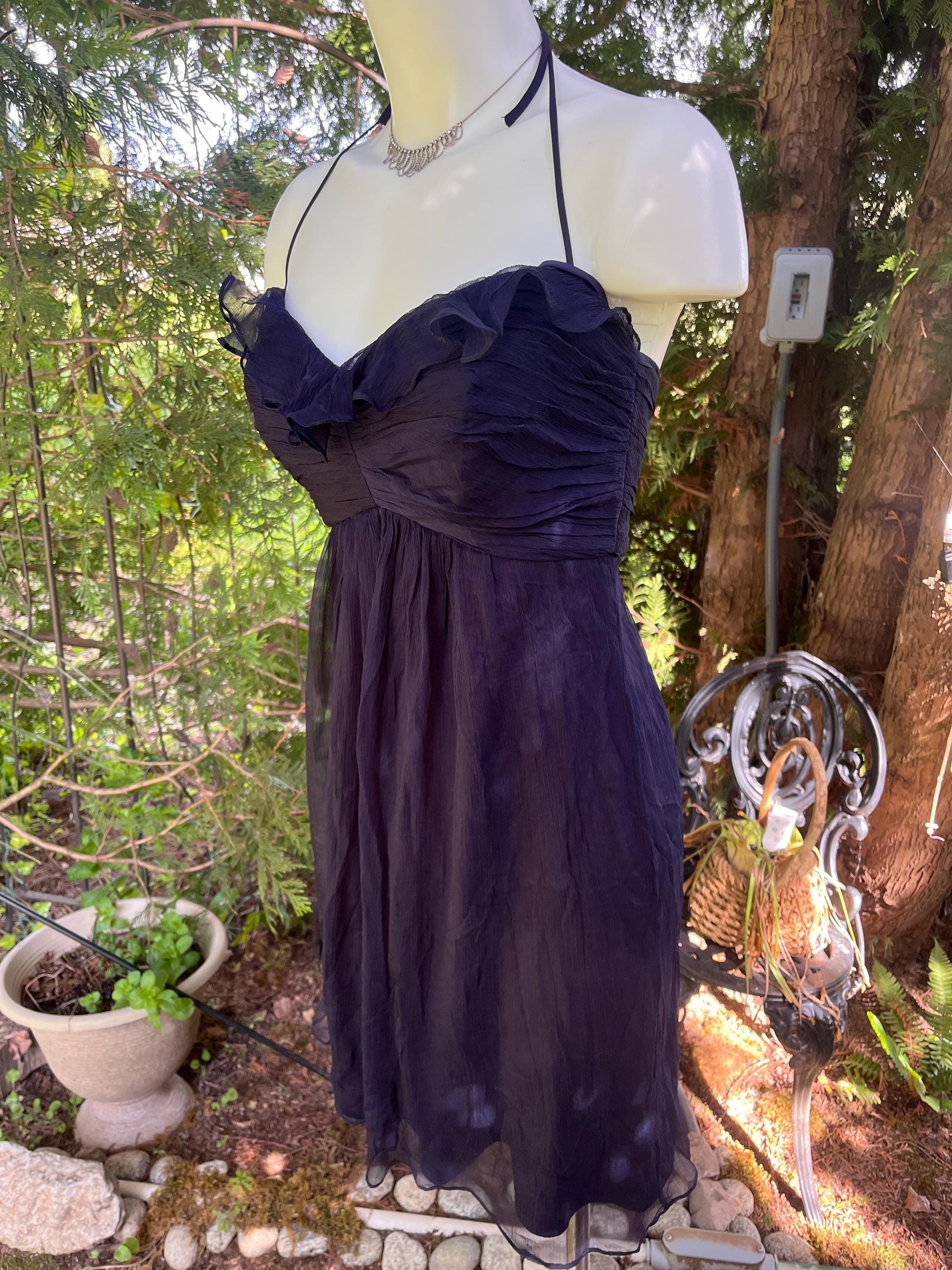 Silk Midnight Navy Ruffle Halter Dress • Sheer Layered Silk Mini Dress •