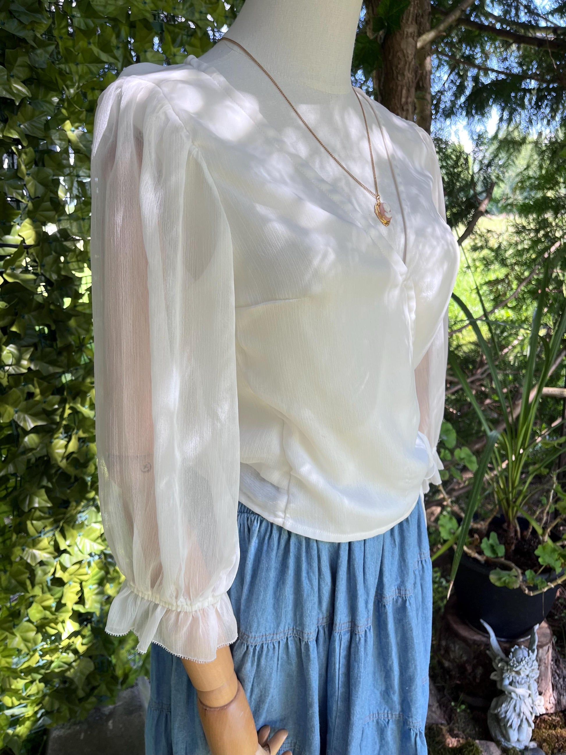 Sheer Ivory Wrap Blouse • Romantic Puff Sleeve Tie Top