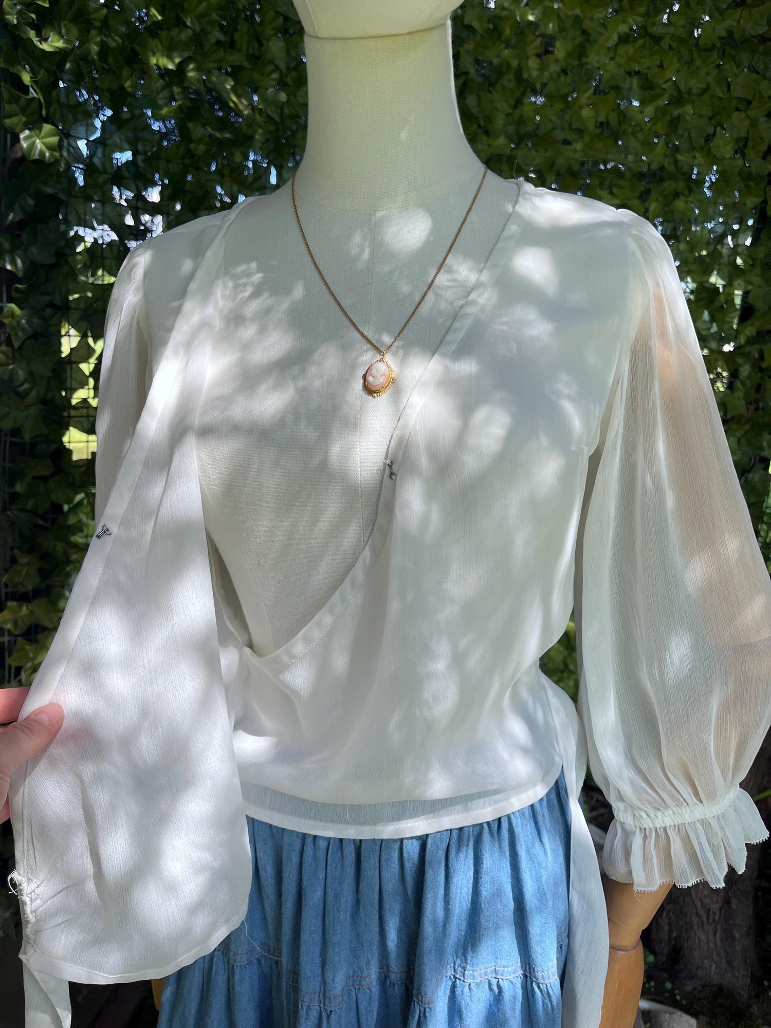 Sheer Ivory Wrap Blouse • Romantic Puff Sleeve Tie Top
