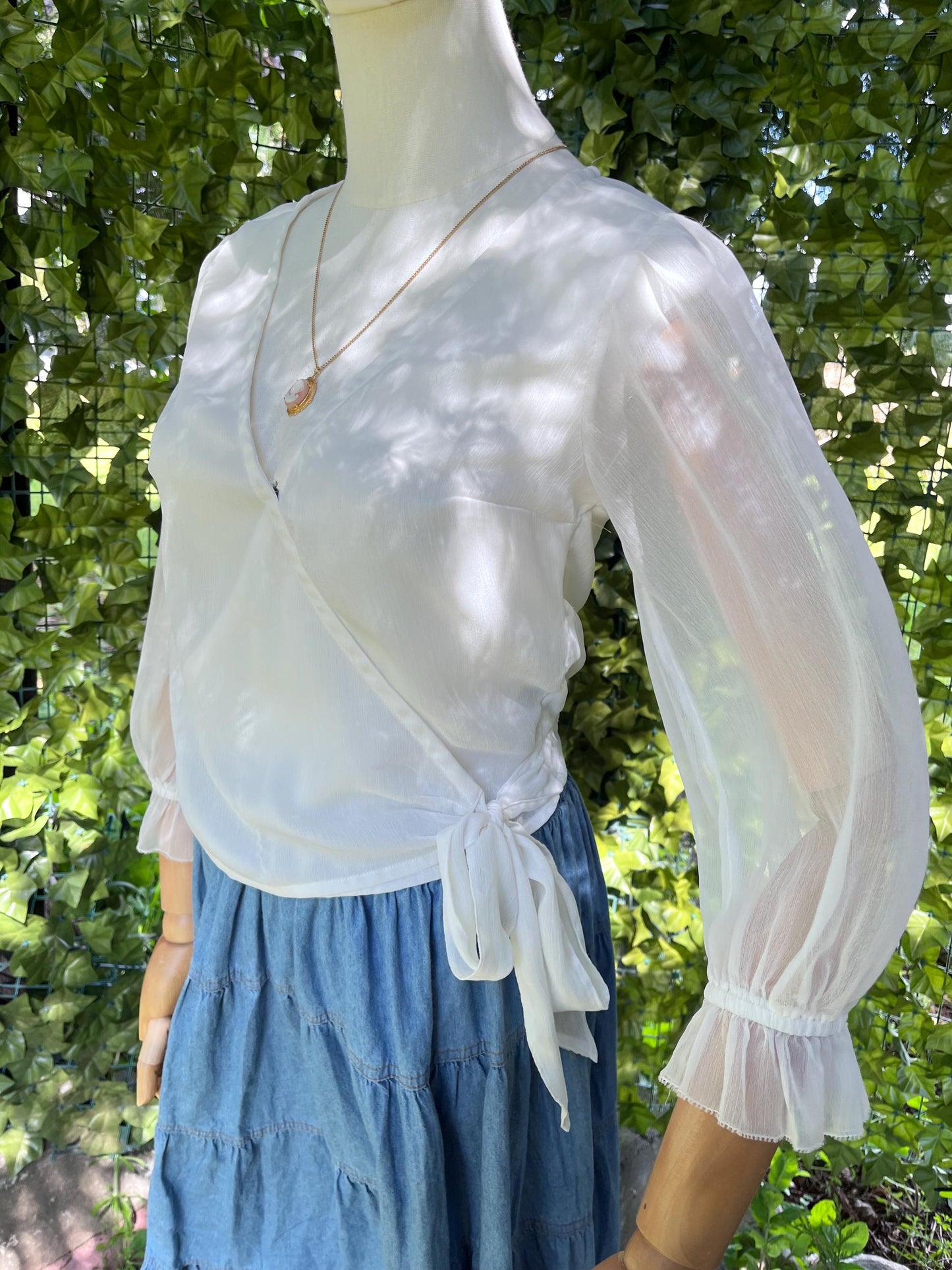 Sheer Ivory Wrap Blouse • Romantic Puff Sleeve Tie Top