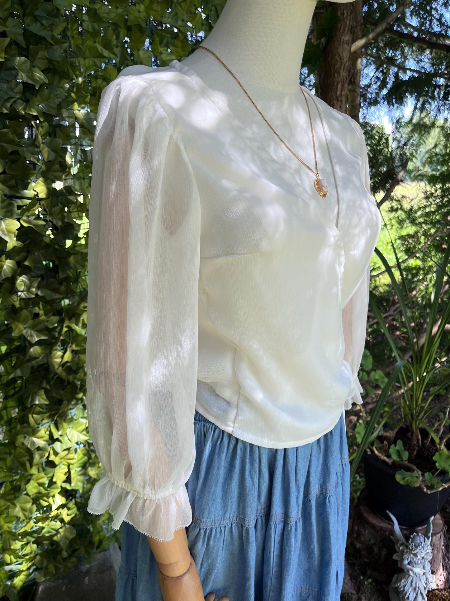Sheer Ivory Wrap Blouse • Romantic Puff Sleeve Tie Top