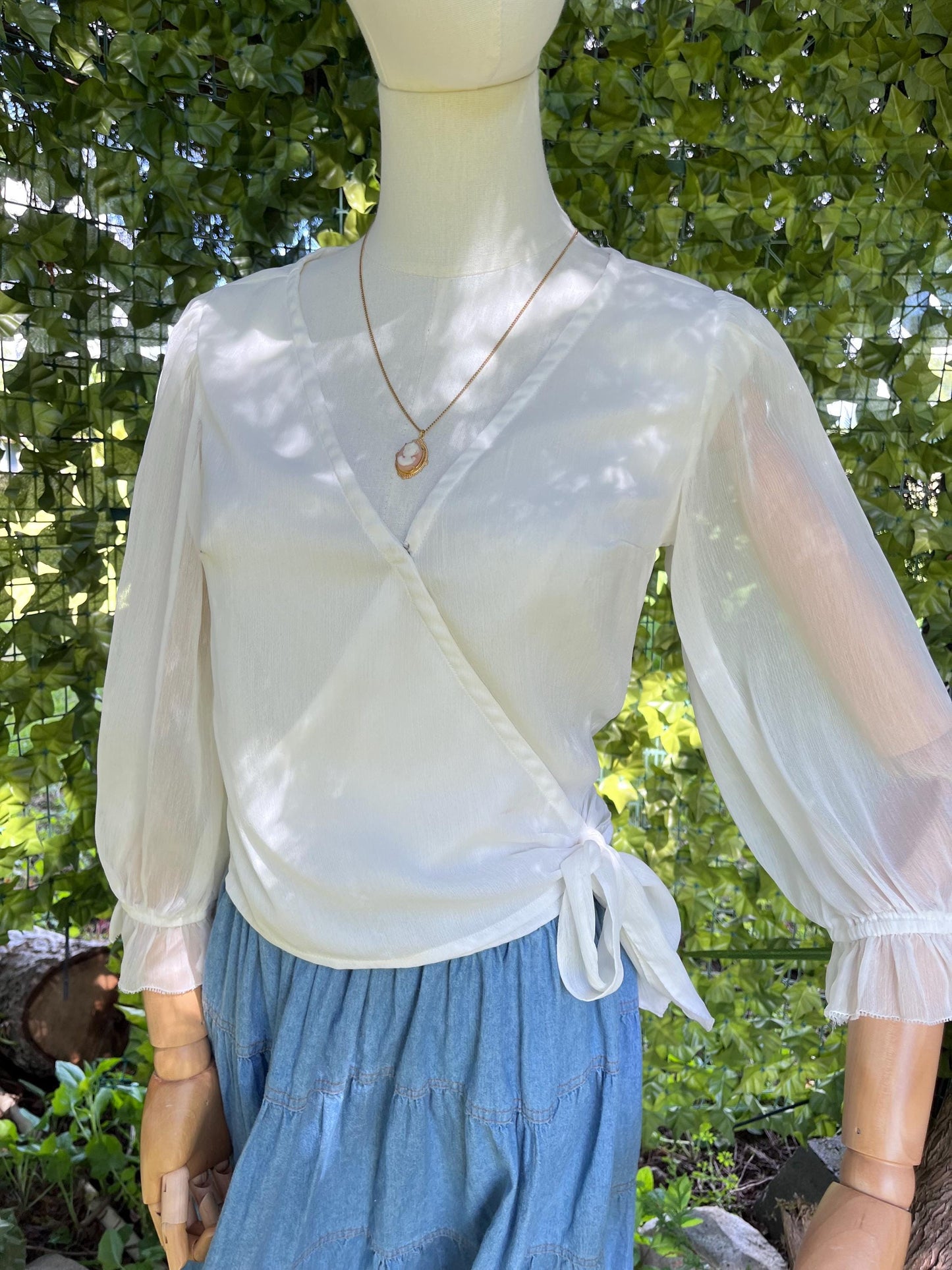 Sheer Ivory Wrap Blouse • Romantic Puff Sleeve Tie Top