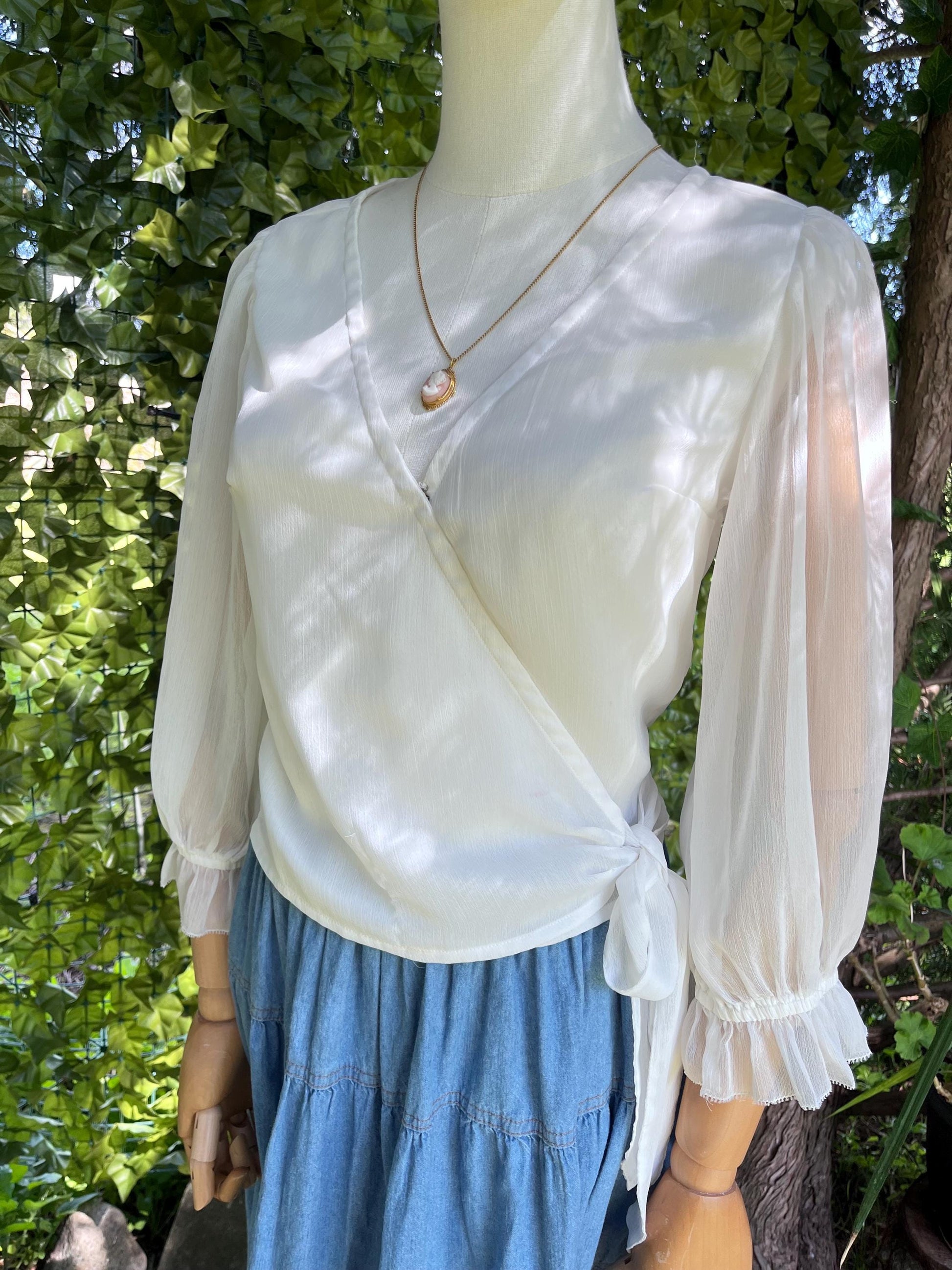 Sheer Ivory Wrap Blouse • Romantic Puff Sleeve Tie Top