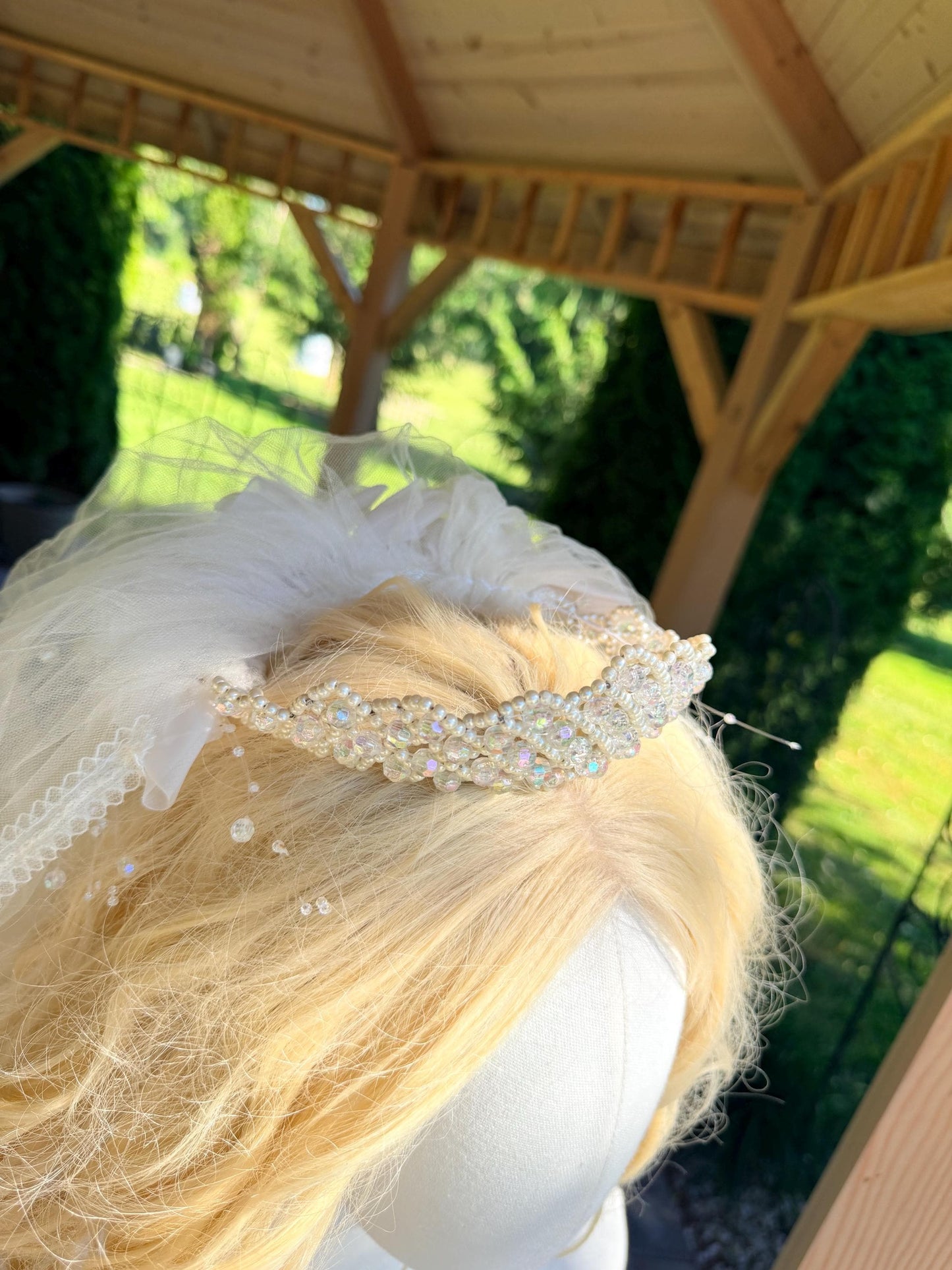 Vintage Veil with Beaded Tiara and Faux Flowers and Pearls