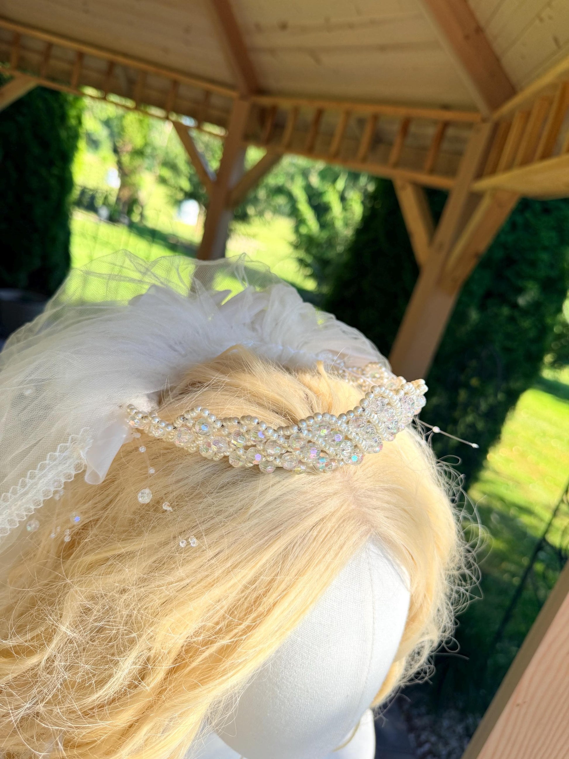 Vintage Veil with Beaded Tiara and Faux Flowers and Pearls