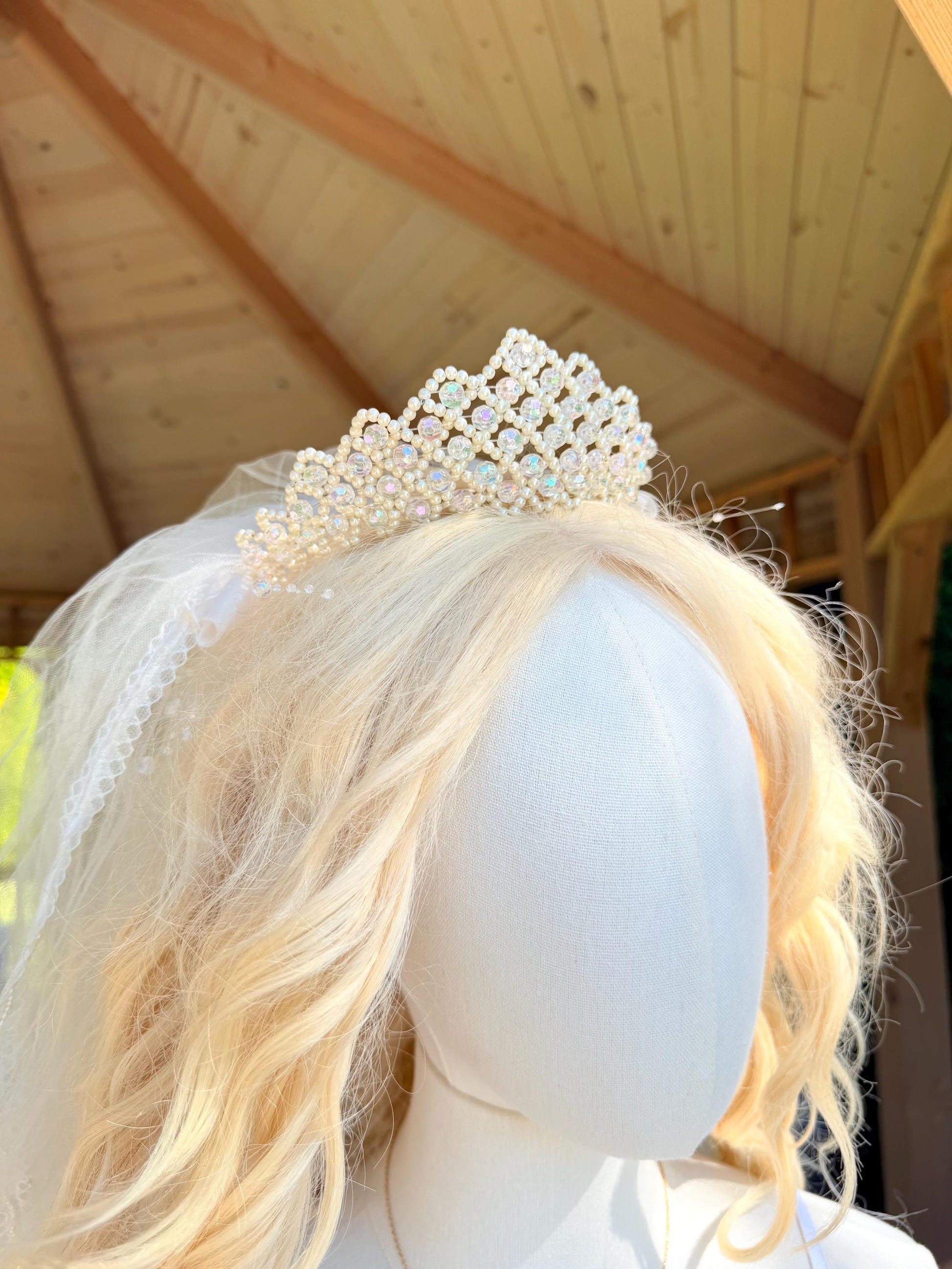 Vintage Veil with Beaded Tiara and Faux Flowers and Pearls