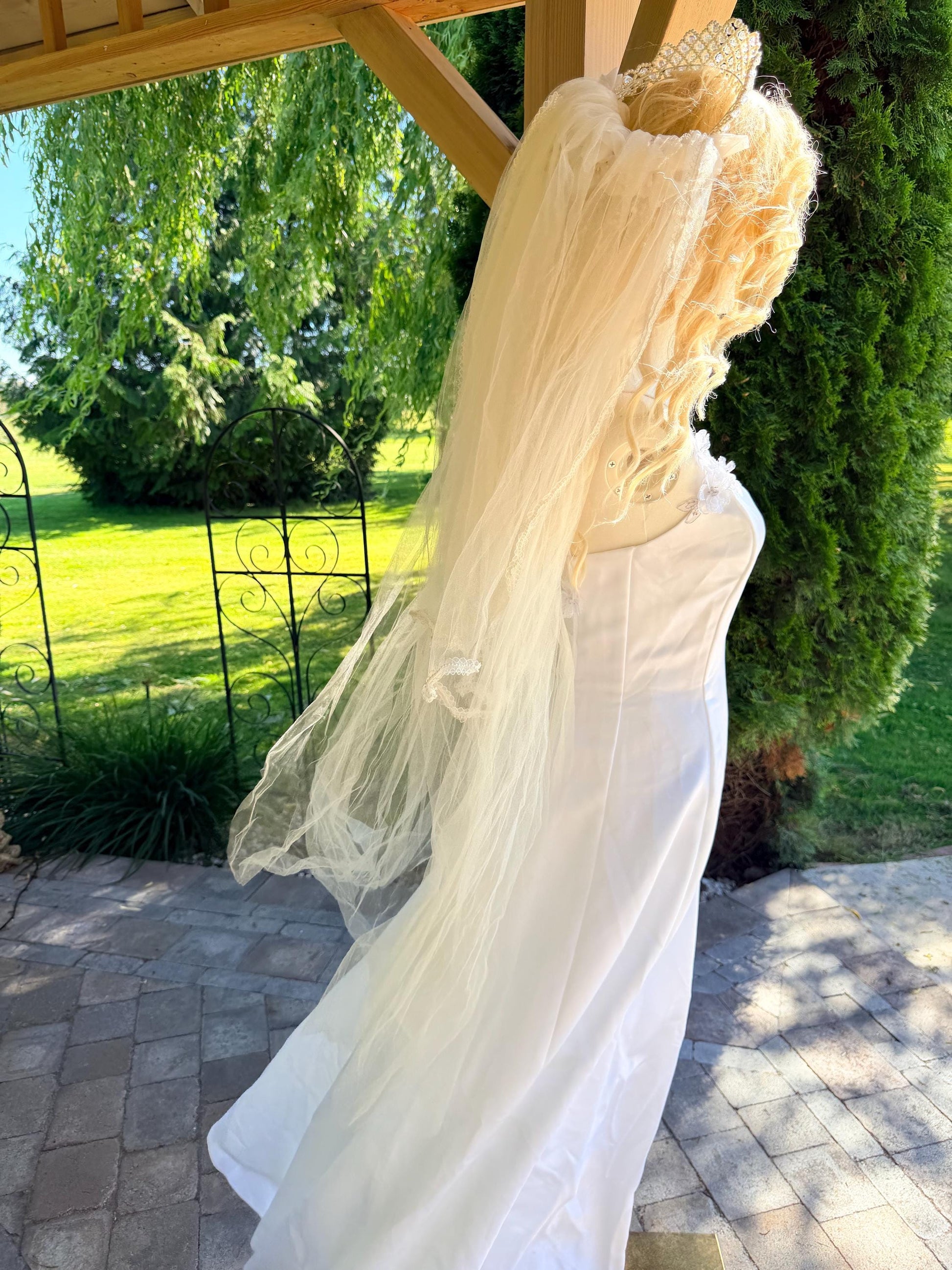 Vintage Veil with Beaded Tiara and Faux Flowers and Pearls