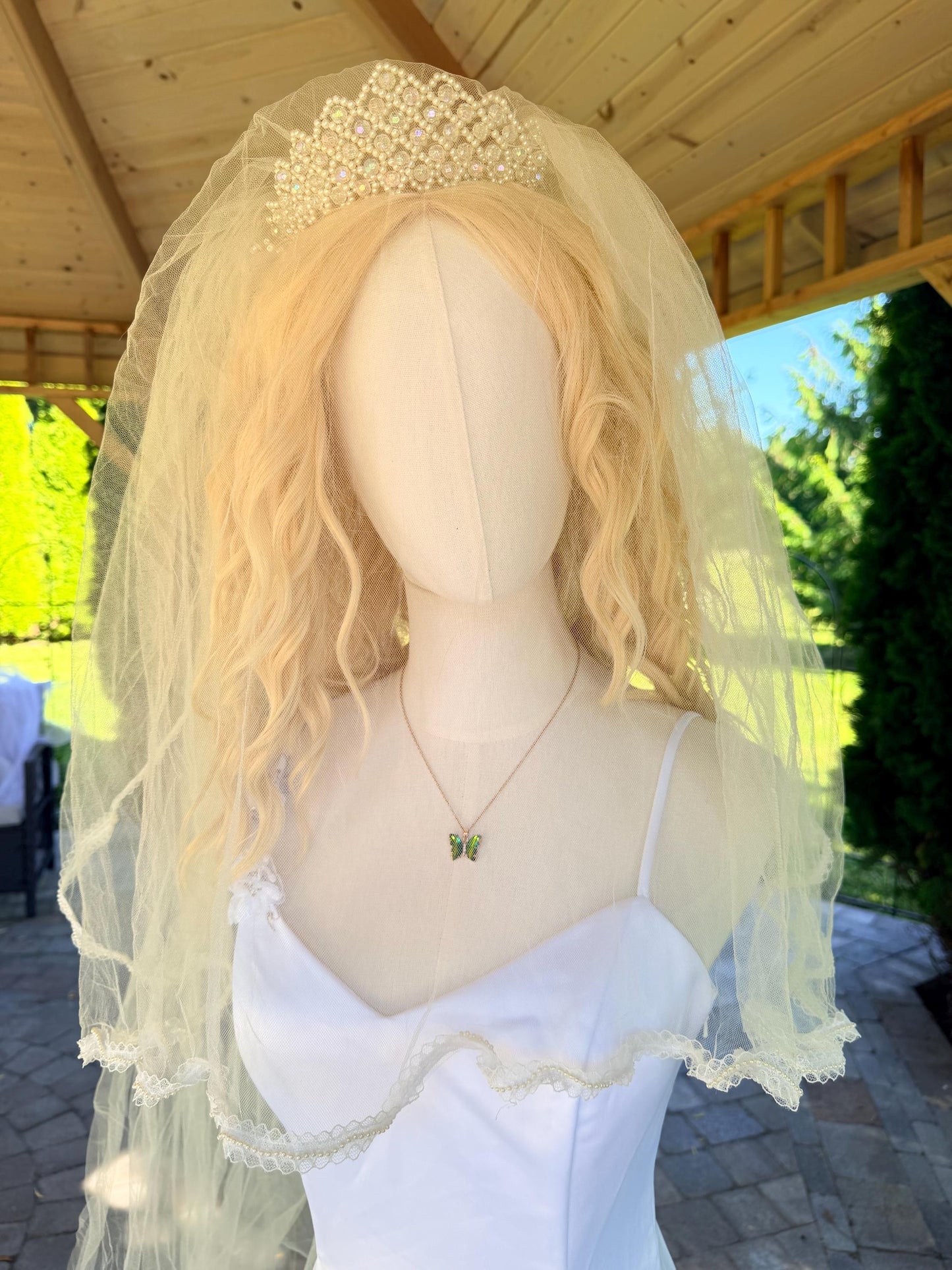 Vintage Veil with Beaded Tiara and Faux Flowers and Pearls