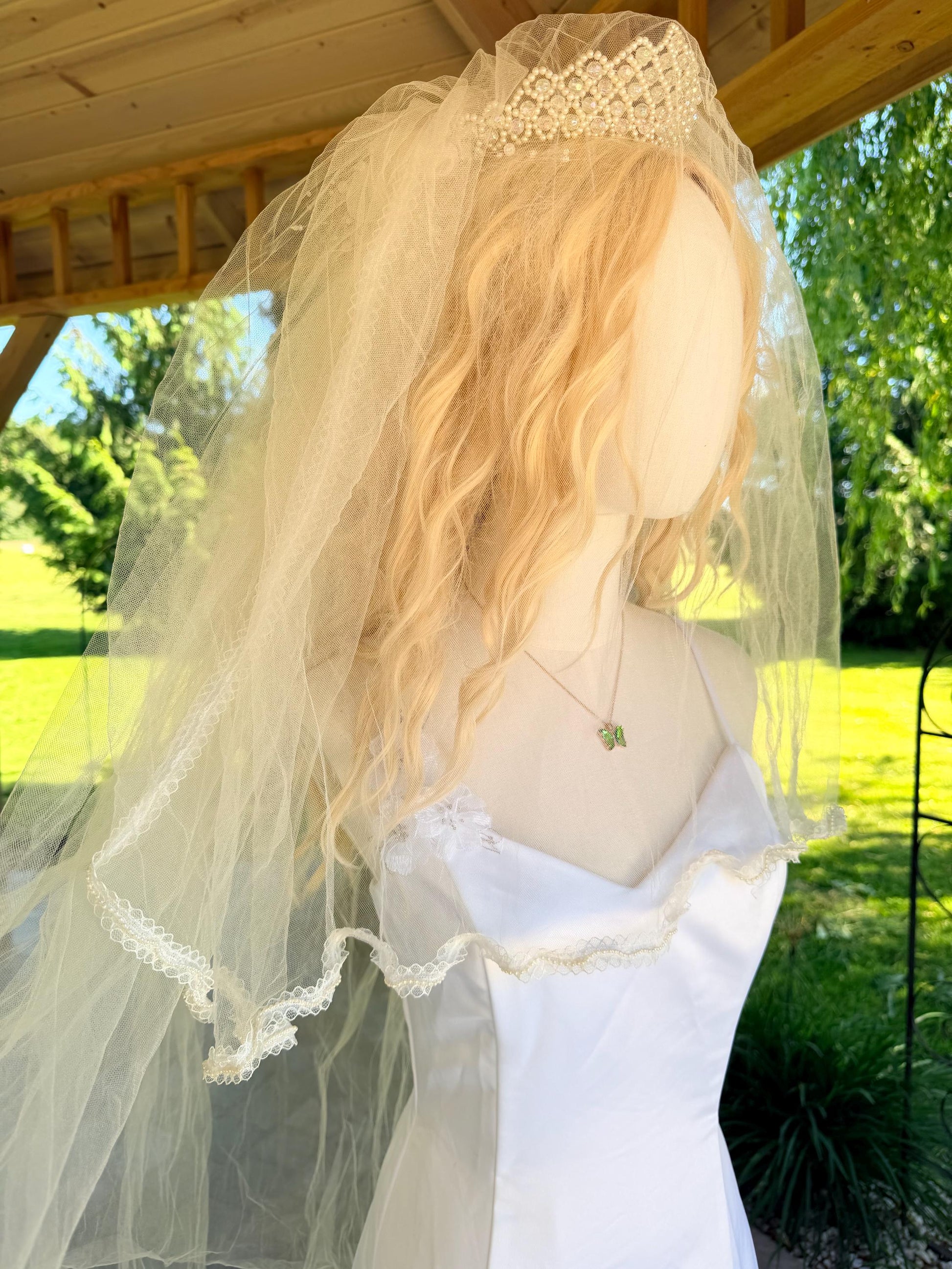 Vintage Veil with Beaded Tiara and Faux Flowers and Pearls