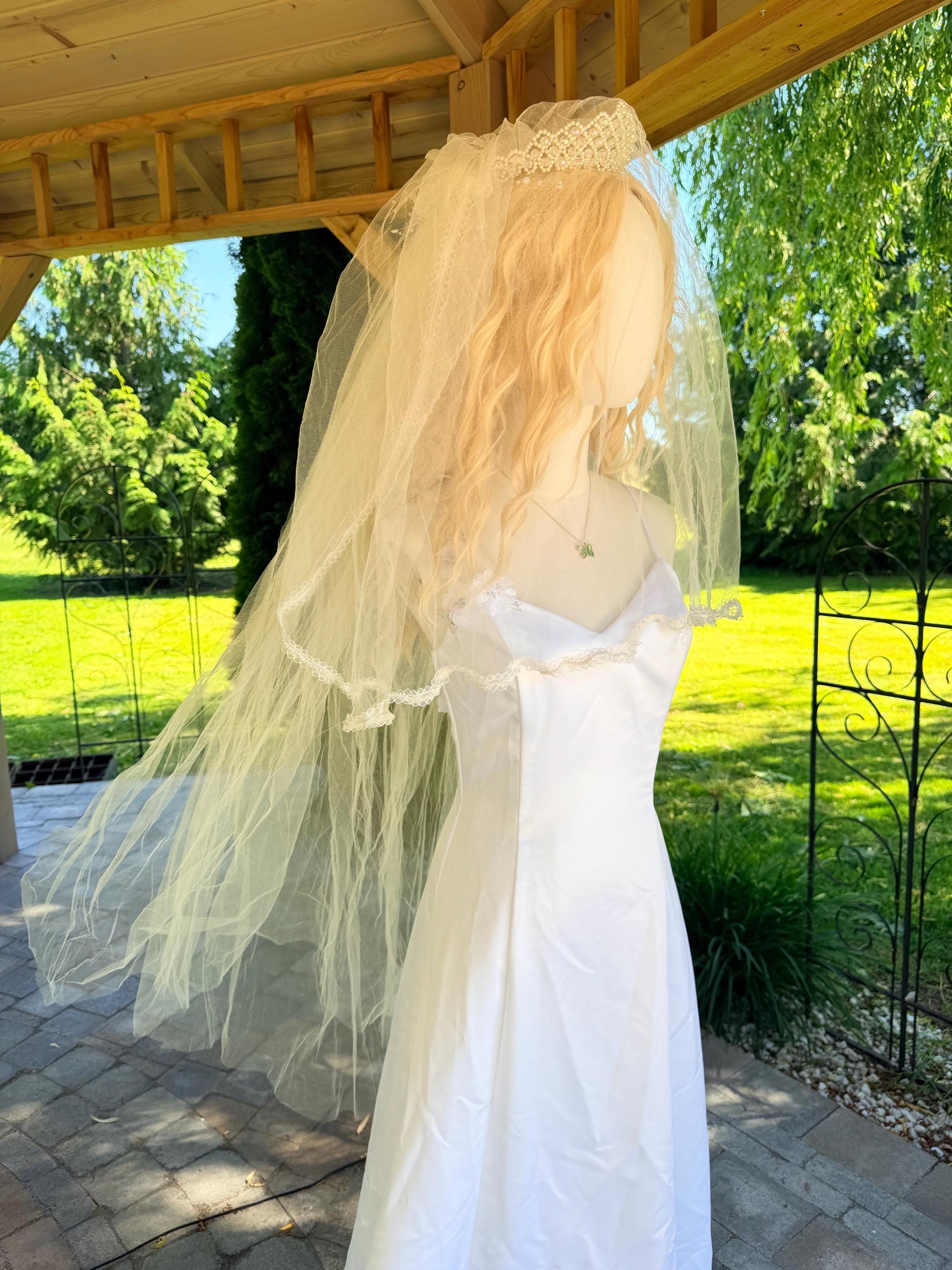 Vintage Veil with Beaded Tiara and Faux Flowers and Pearls