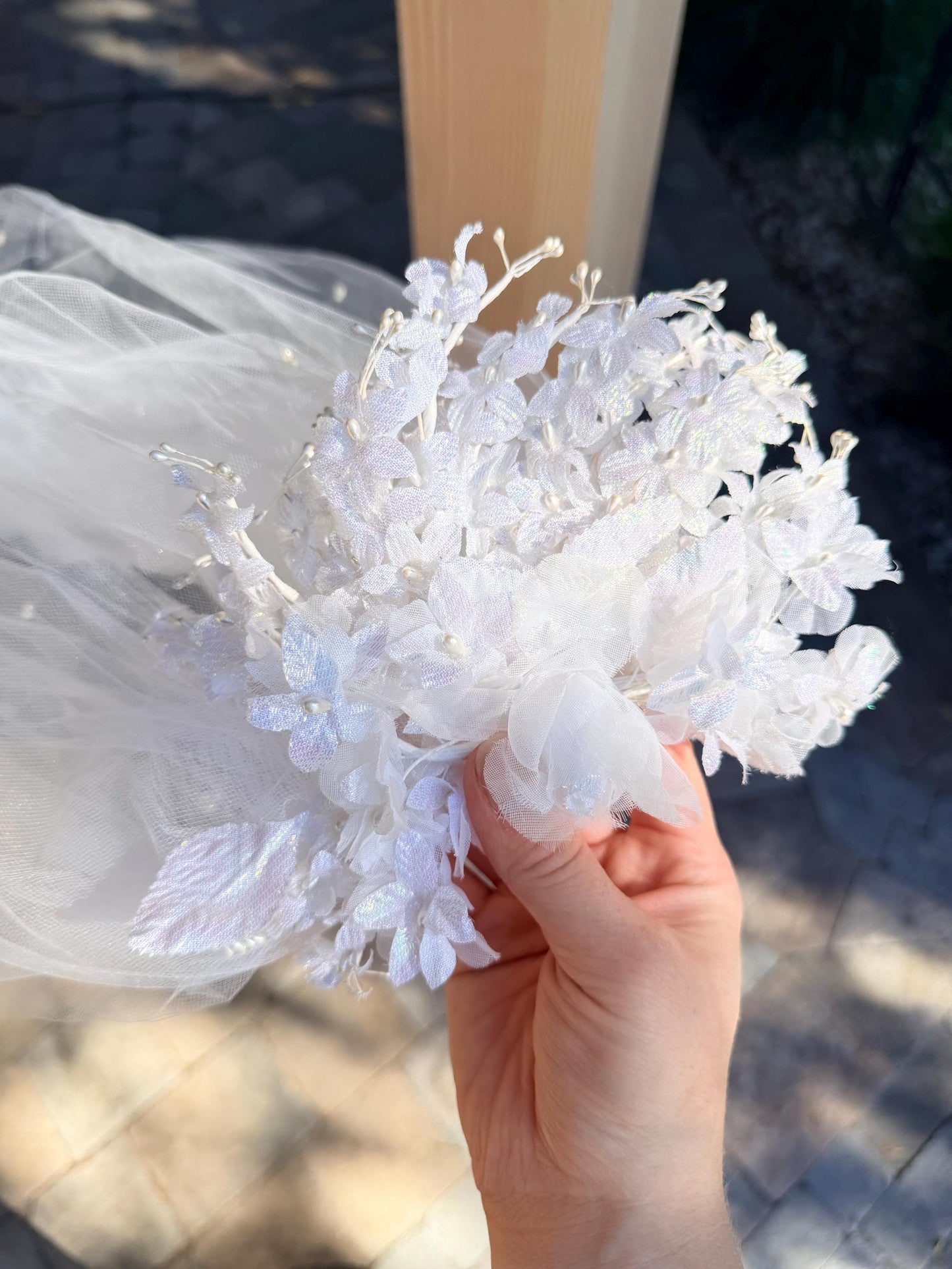 Glittered Flower Crown & Veil With Pearled Layered Veil