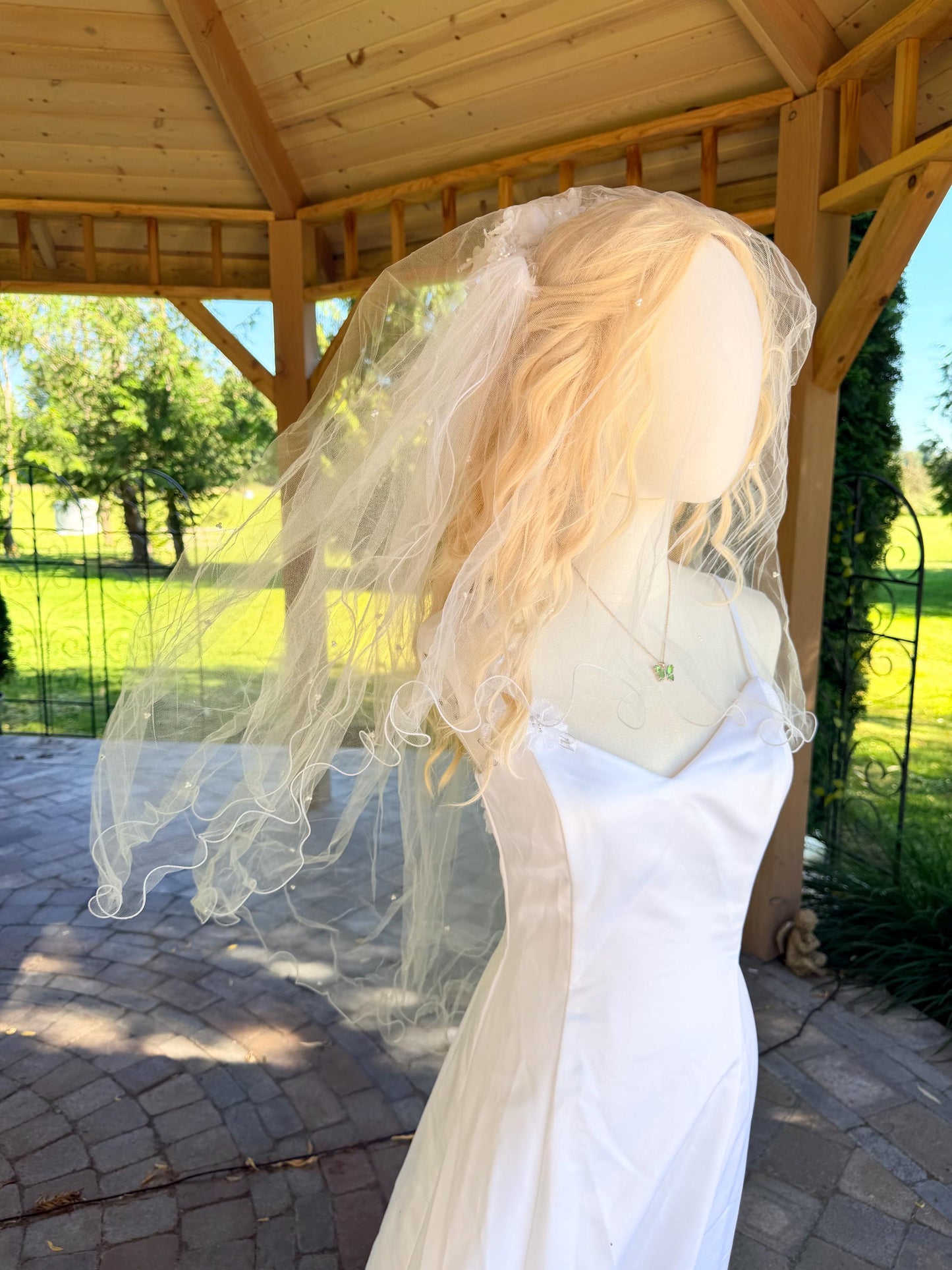Glittered Flower Crown & Veil With Pearled Layered Veil