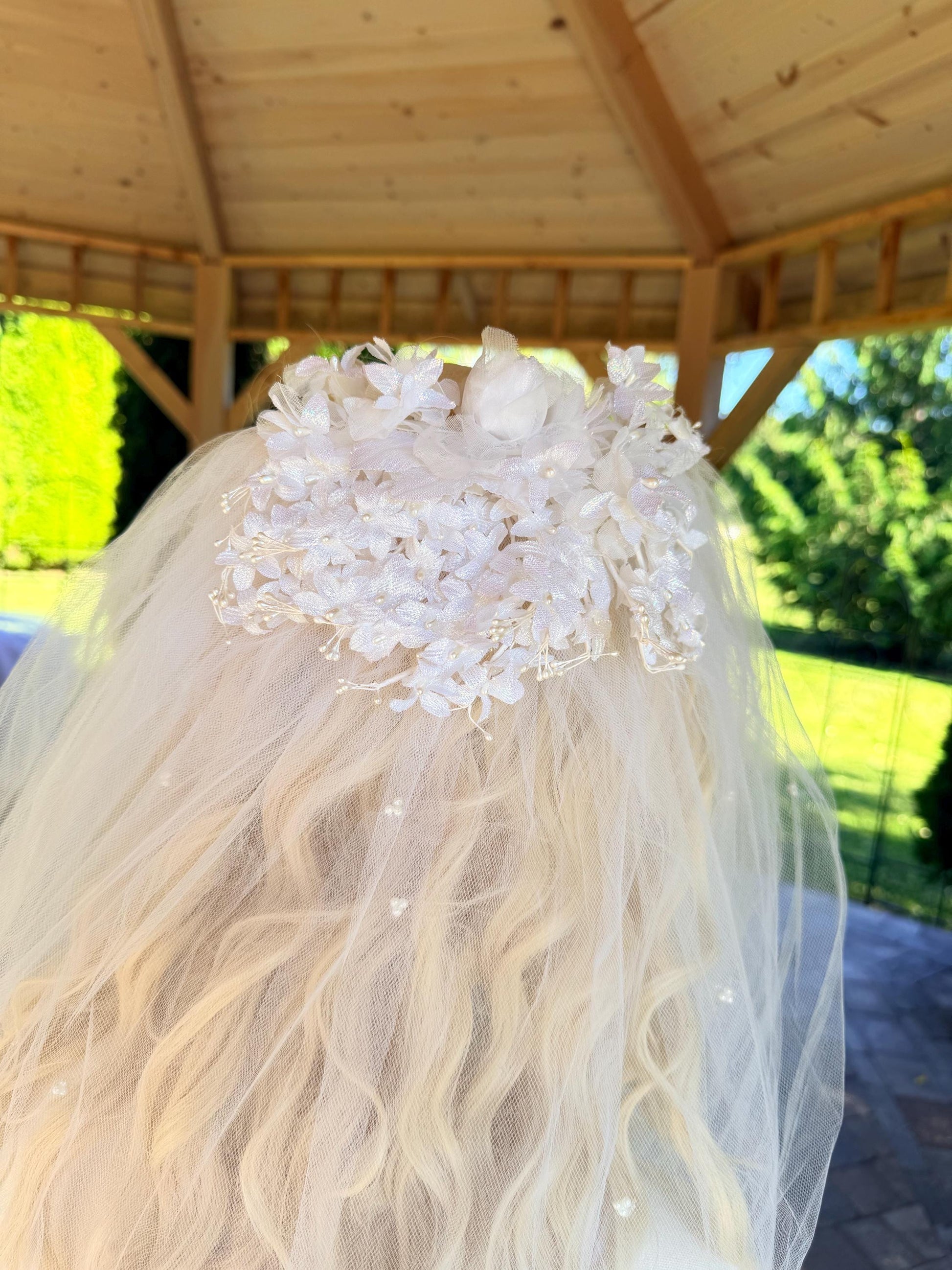 Glittered Flower Crown & Veil With Pearled Layered Veil