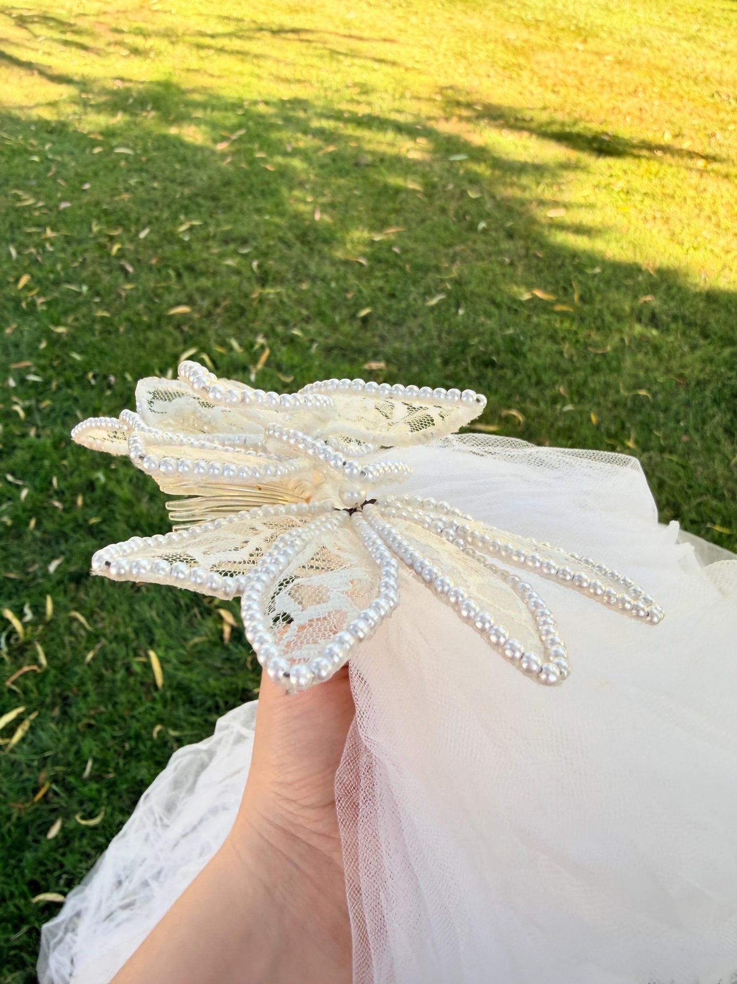 Flower with Lace Petals and Pearls, Layered Veil
