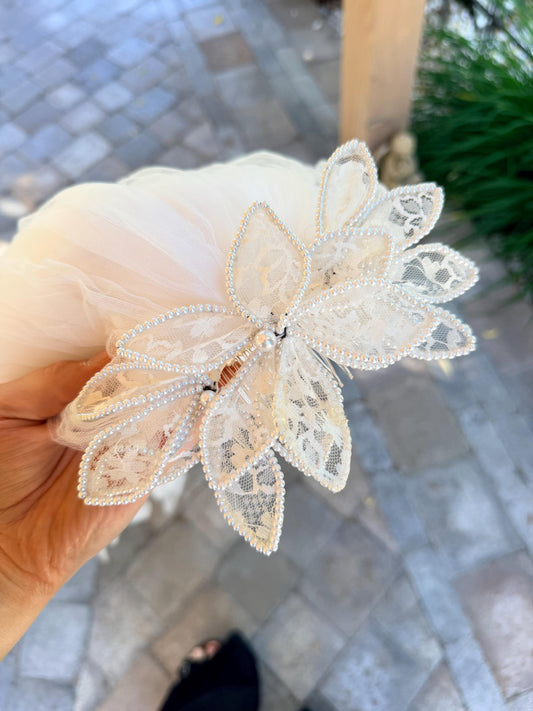 Flower with Lace Petals and Pearls, Layered Veil