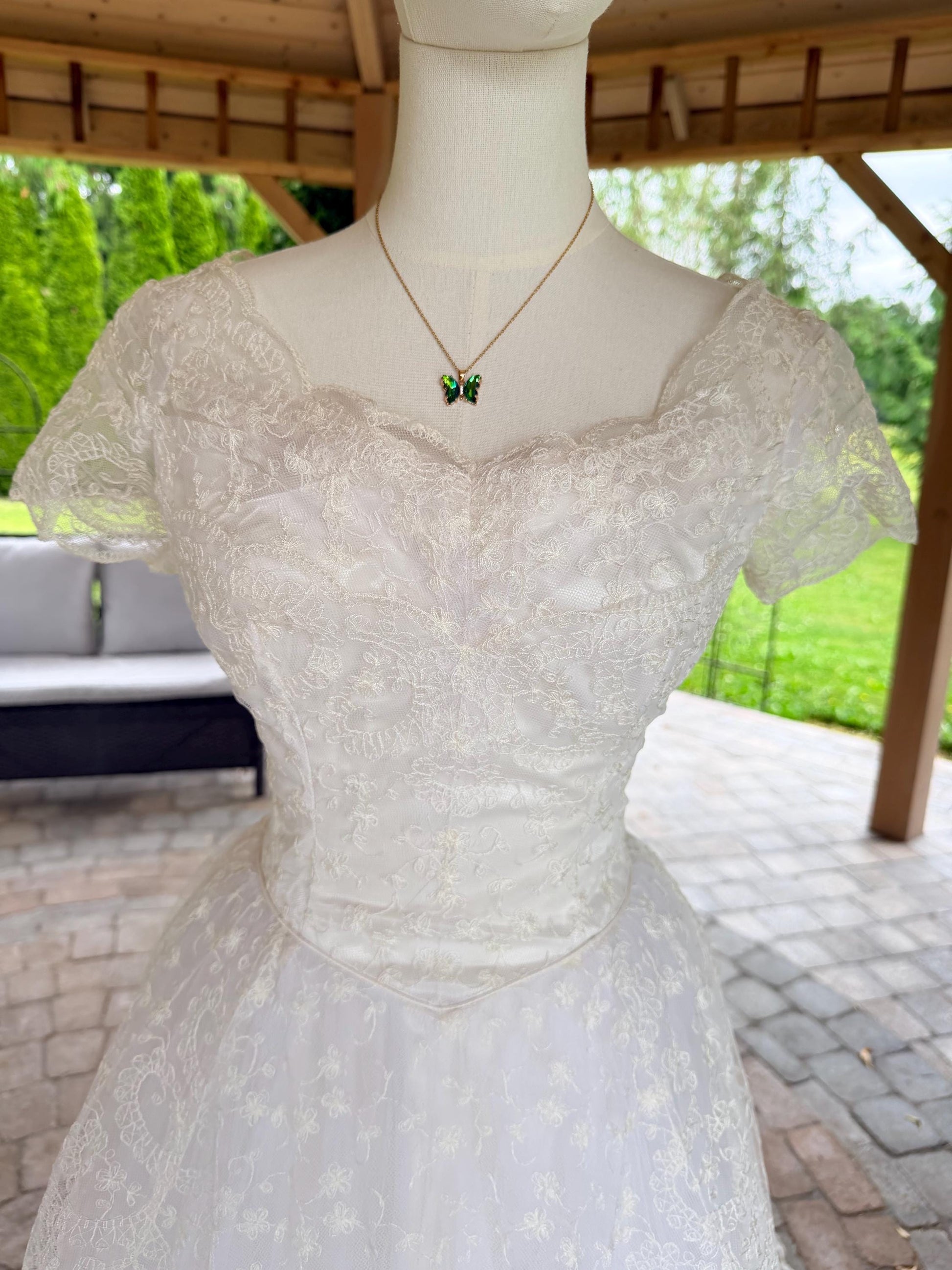 Vintage 1990s Lace Wedding Dress | Romantic Princess Bridal Gown | Basque Waist | Illusion Lace Sleeves | Chapel Train
