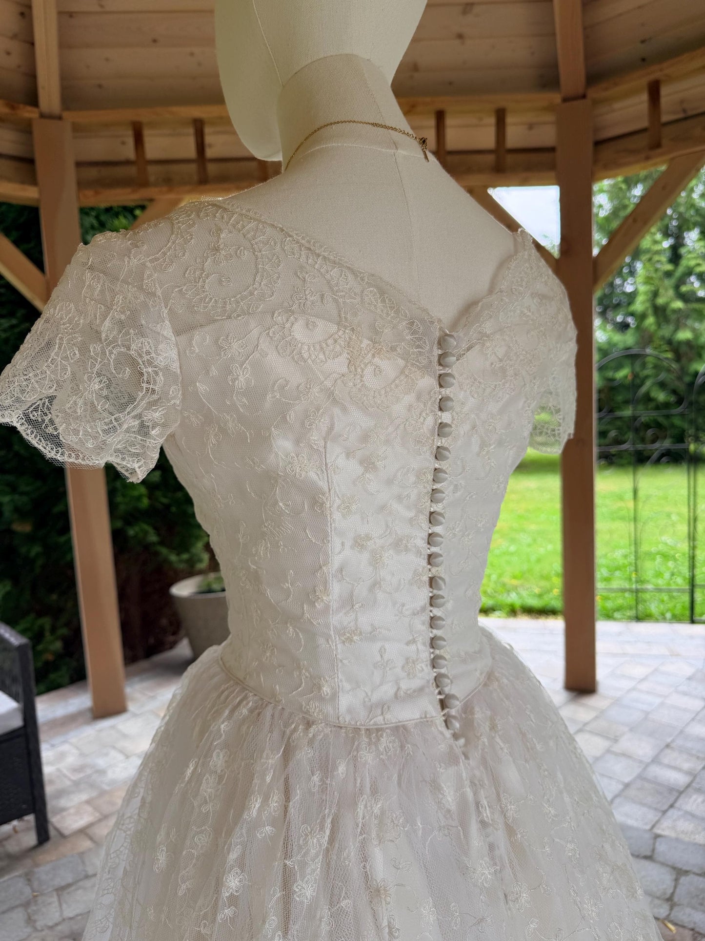 Vintage 1990s Lace Wedding Dress | Romantic Princess Bridal Gown | Basque Waist | Illusion Lace Sleeves | Chapel Train
